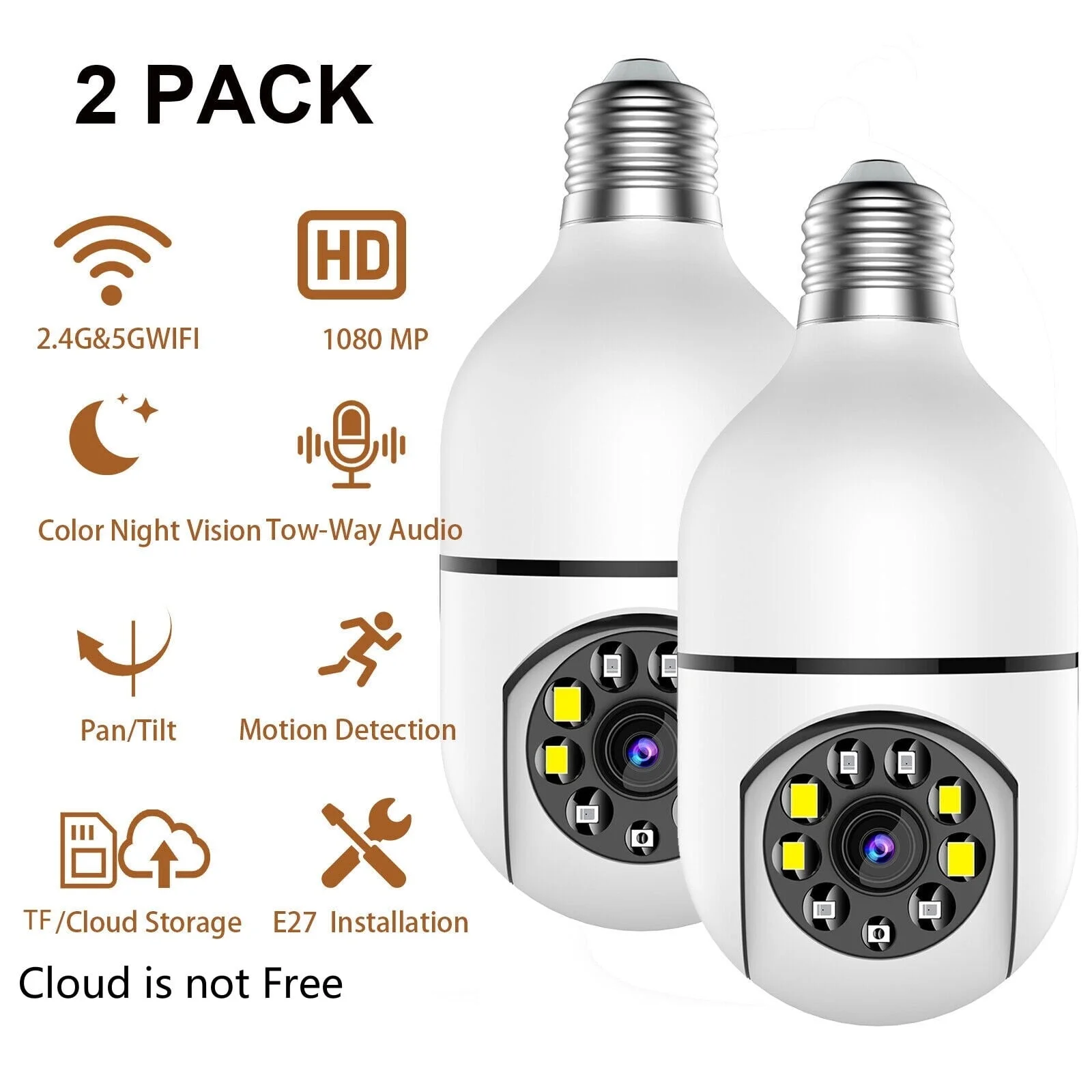 2PCS Wireless Security Camera, WIFI IP Camera, E27 Light Bulb 1080P HD Security Monitor Cam with Infrared Night Vision, White (Supports 2.4G &5G Wi-Fi)