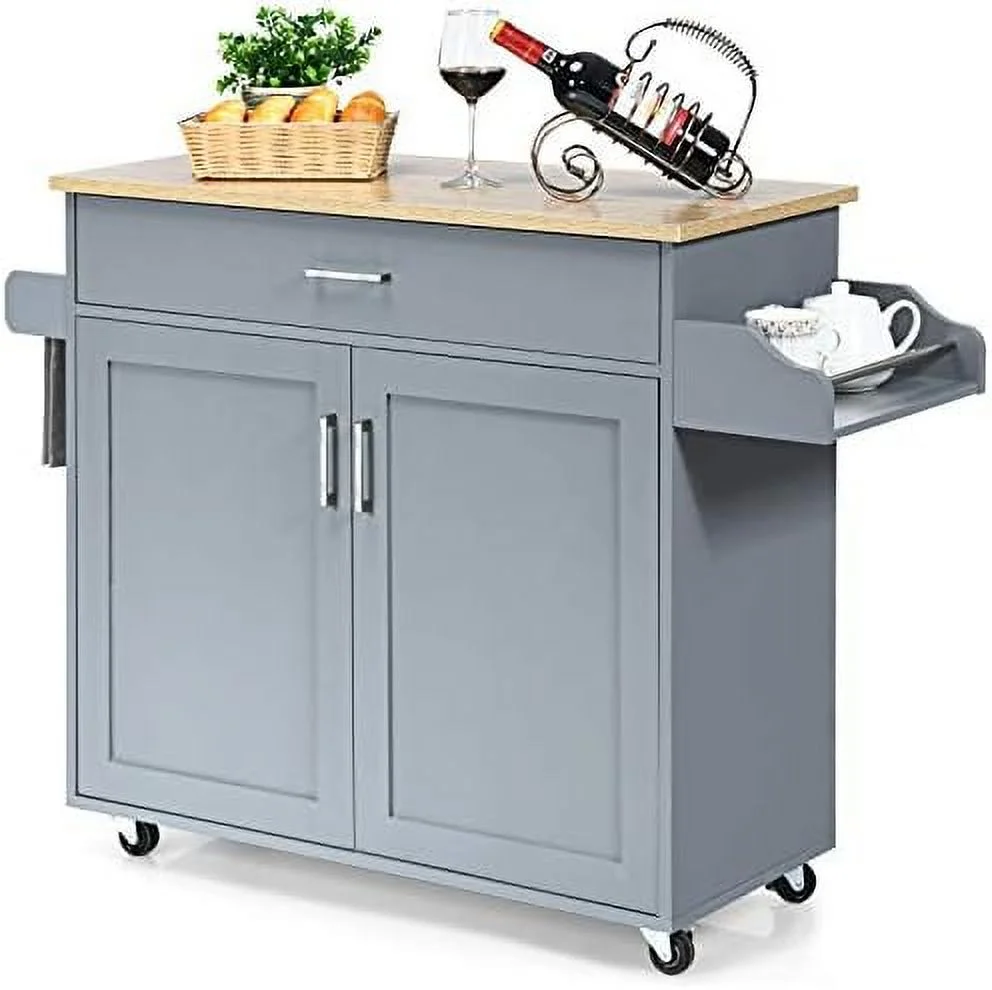 CHYRFCV Kitchen Island  Rolling Kitchen Cart with Spice and Towel Rack  Large Drawer & 2-Door  Cabinet  Home Service Cart on Lockable Wheels  Wood Kitchen Trolley  Spacious Tabletop (