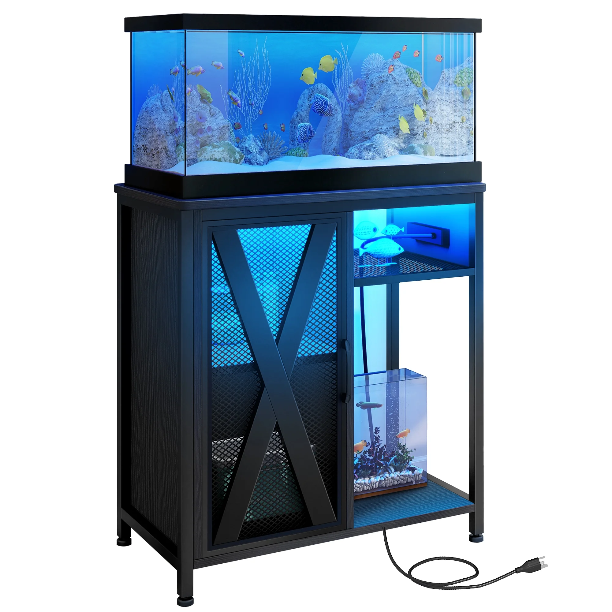 Dextrus 20-29 Gallon Aquarium Stand with Power Outlets & LED Light, Aquarium/Fish Tank Stand with Cabinet, 385LBS Capacity - Black
