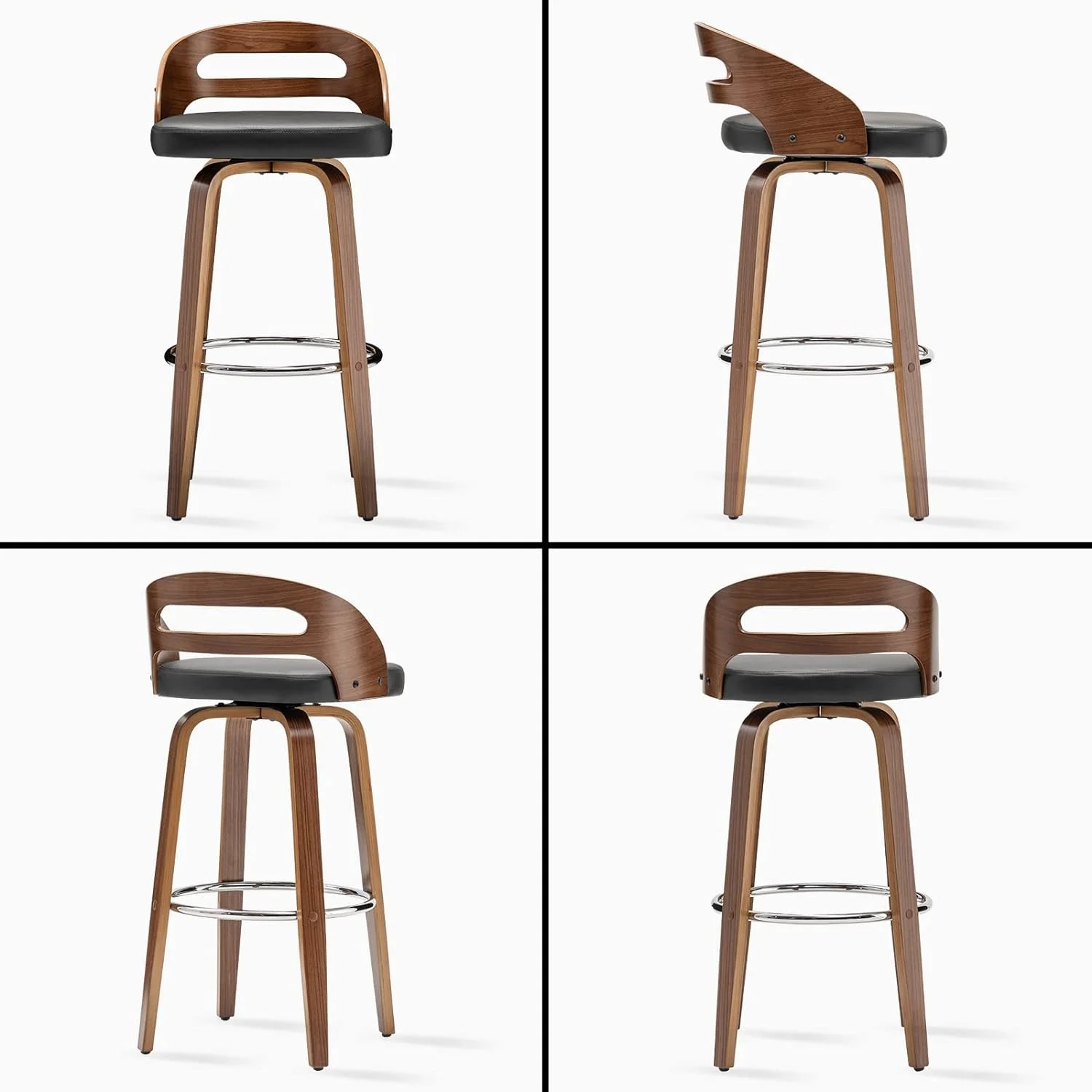 U-ToBe Bar Stools Set of 2, Swivel Bar Height Stools with Low Back, Wood Bar Chairs with Soft Cushion Seat, 30.31-Inch Seat Height (Black, 30