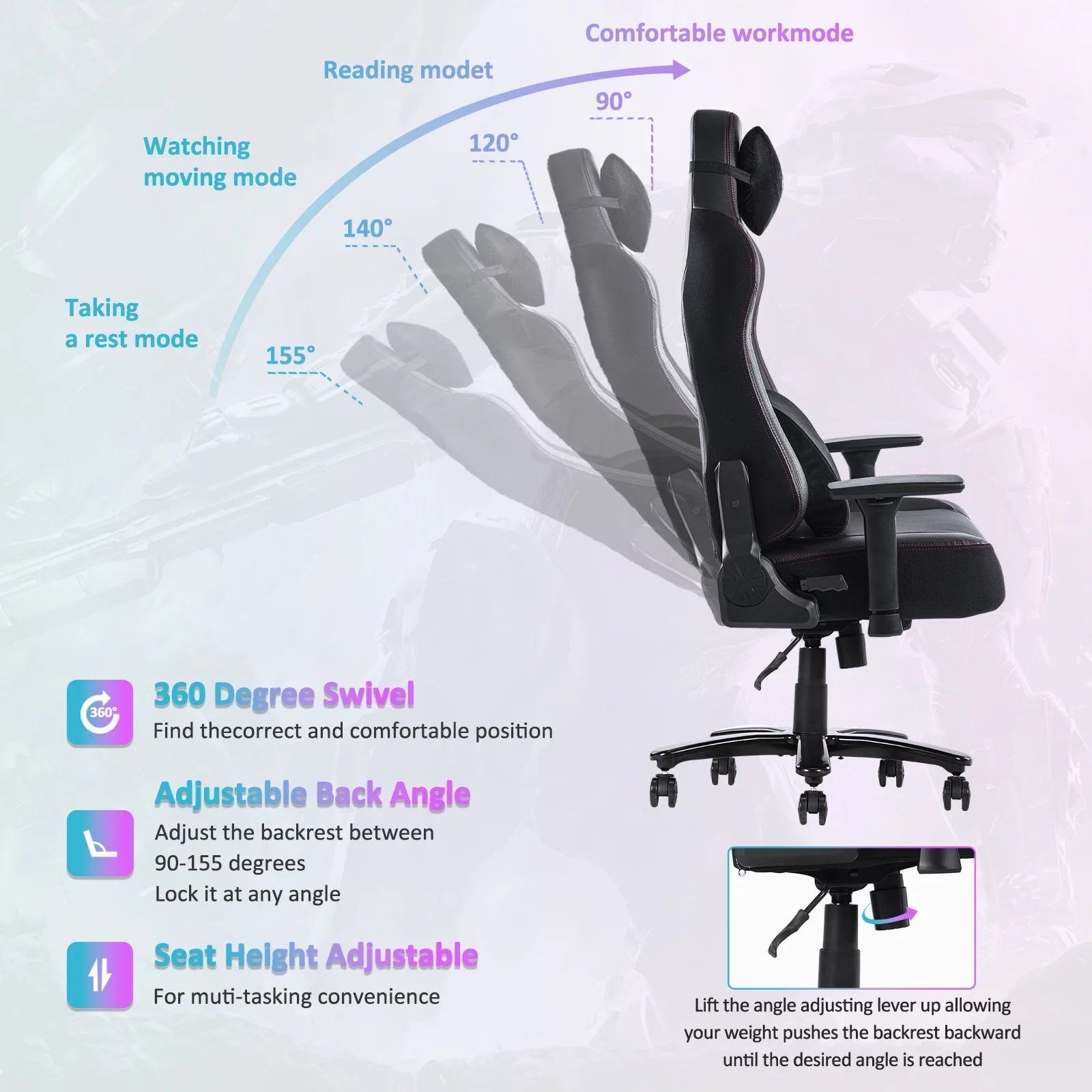 Al Fresco Office Chair Adjustable Desk Chair PU Leather Ergonomic Gaming Back Support Home Computer with Adjustable Armrests Massage Lumbar Pillow Headrest, Black