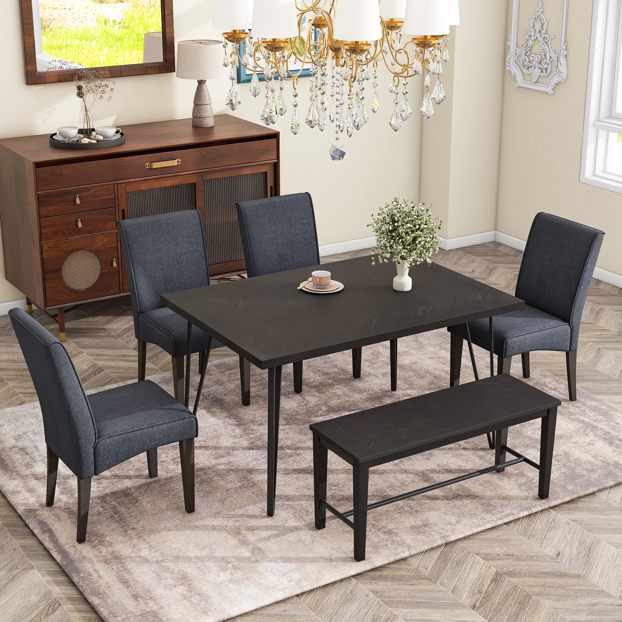 CoSoTower Modern 6-Piece Dining Table Set with V-Shape Metal Legs, Wood Kitchen Table Set with 4 Upholstered Chairs and Bench for 6,Espresso