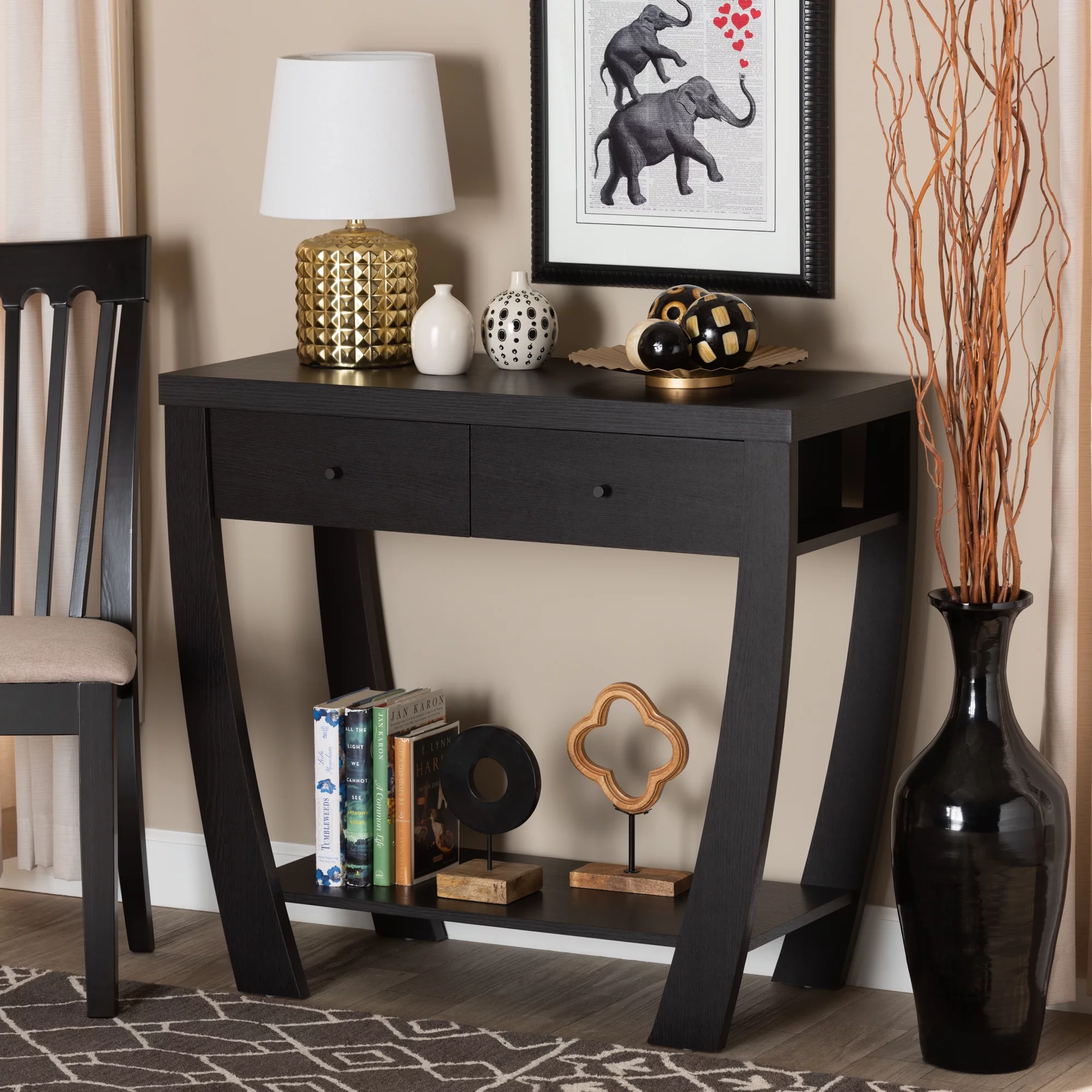 Baxton Studio Capote Modern Wood 2 Drawer Console Table, Dark Brown