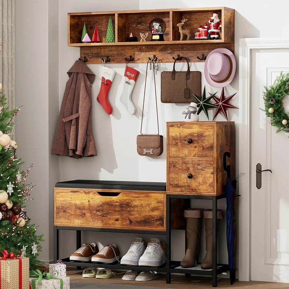 ZFGSUIJN 39" Coat Rack Shoe Bench Set with Flip Top Box and 2 Drawers  Entryway Bench with Shoe  7 in 1 Entryway Bench with Coat Rack   Bench with 7 Coat Hooks& 2 Umbrella-Wood