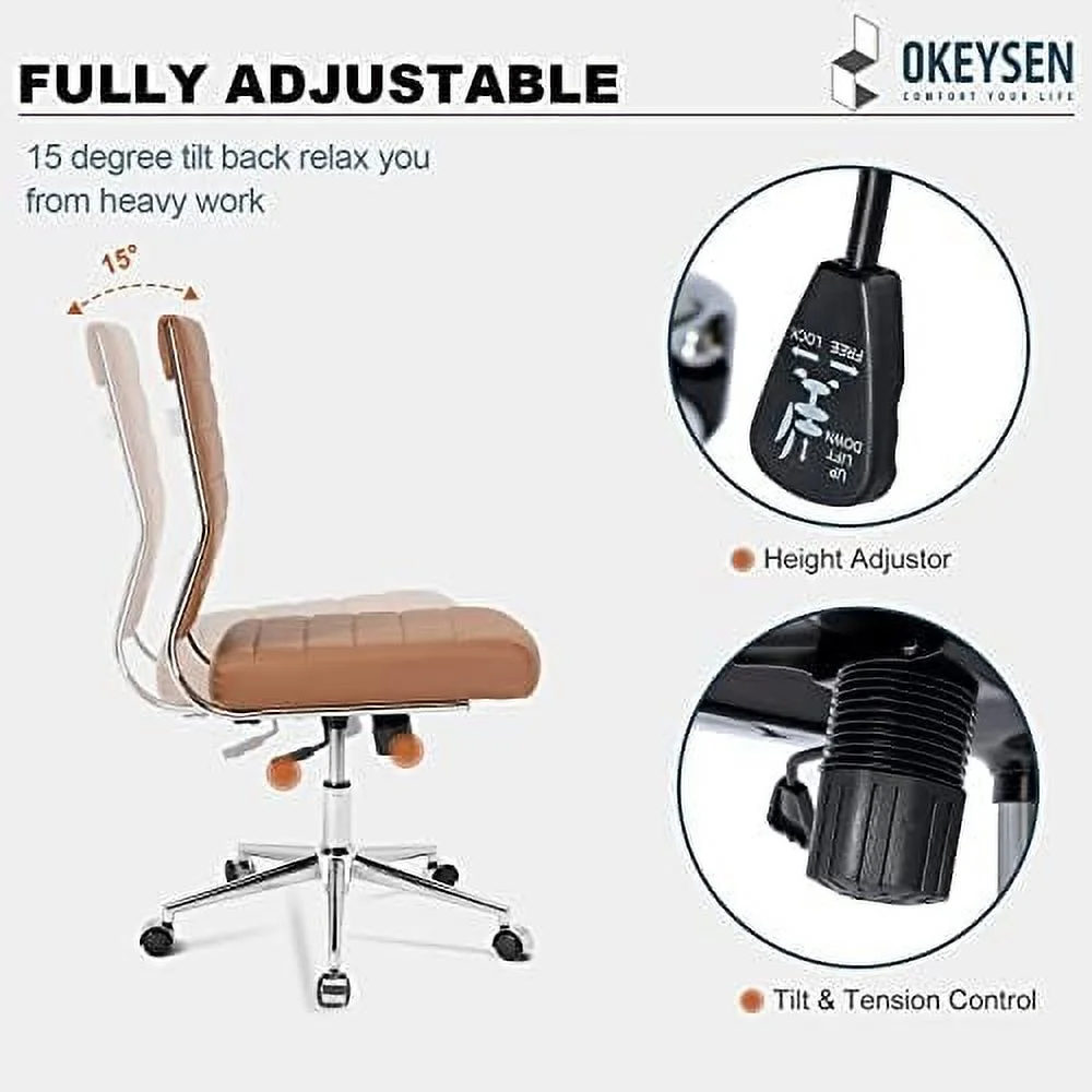 CKPFVY Armless Office Chair  Leather Modern Desk Chair Swivel Task Chair  Small Conference Room Chairs Ribbed Computer Chair Without Arms.