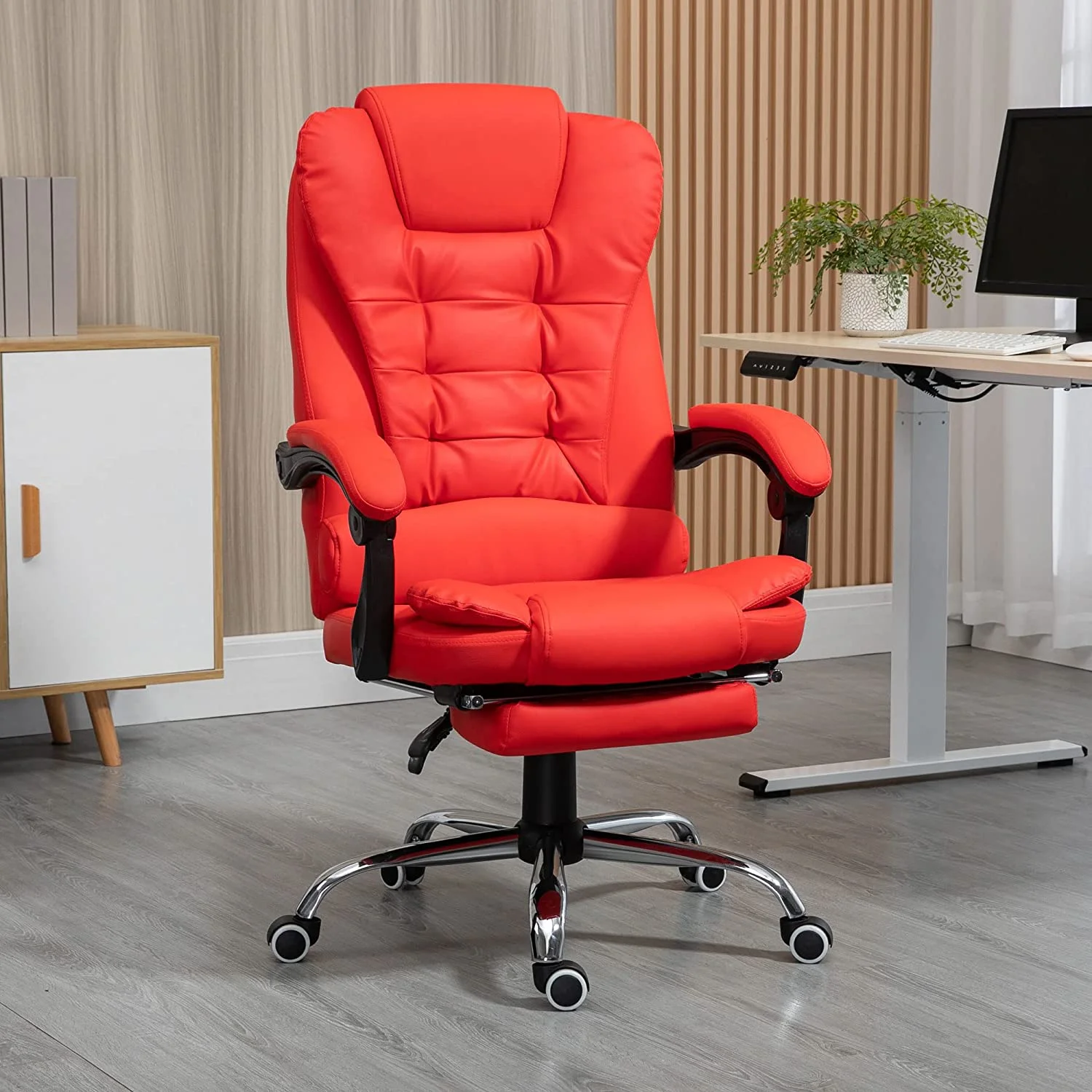 U-SHARE High Back Ergonomic Executive Office Chair, PU Leather Computer Chair with Retractable Footrest, Lumbar Support, Padded Headrest and Armrest, Red