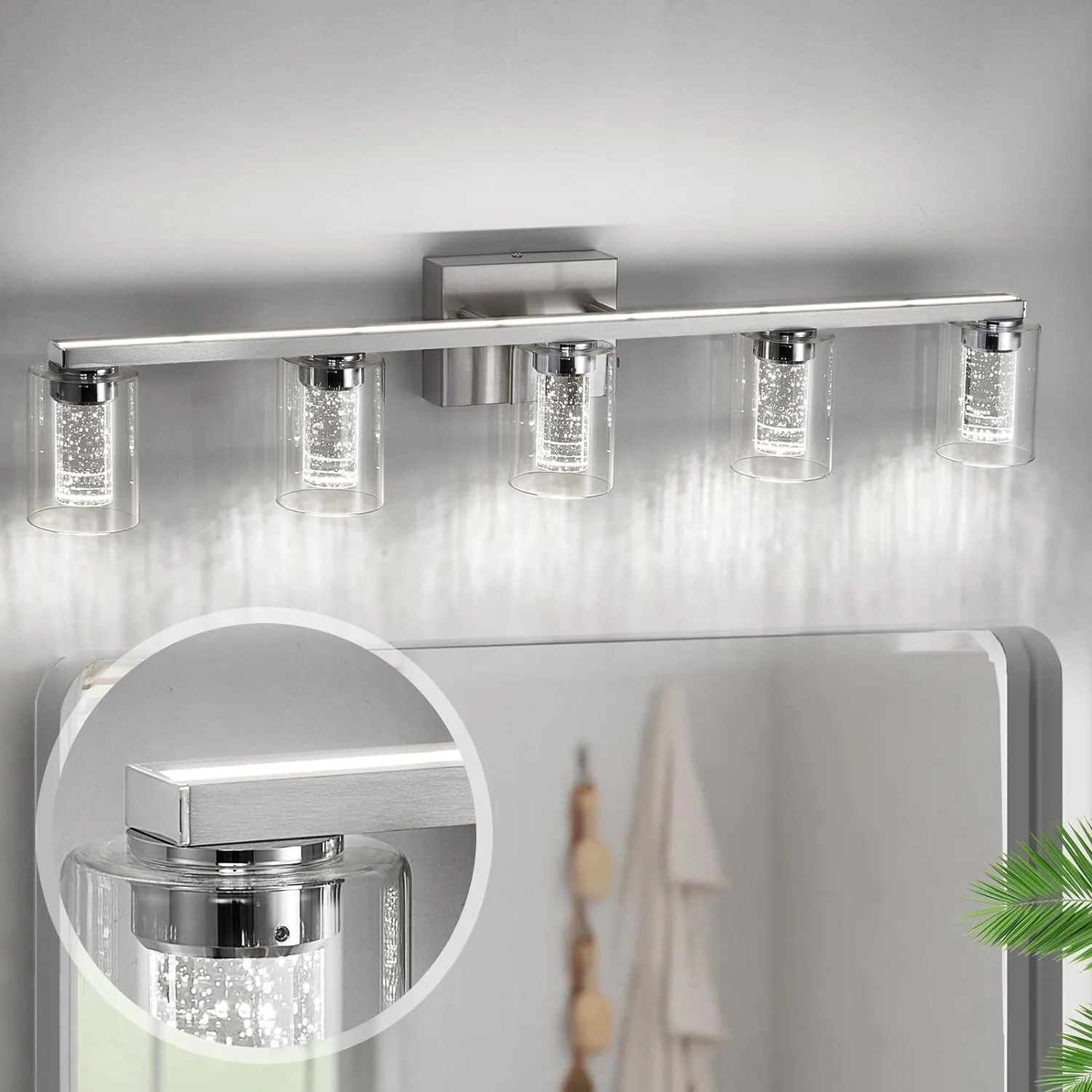 5-Light Bathroom Vanity Light Fixtures, Brushed Nickel Vanity Lights with Clear Glass Shade and Crystal Bubble, Modern Dimmable LED Wall Lamp White/Neutral/Warm Light for Bathroom