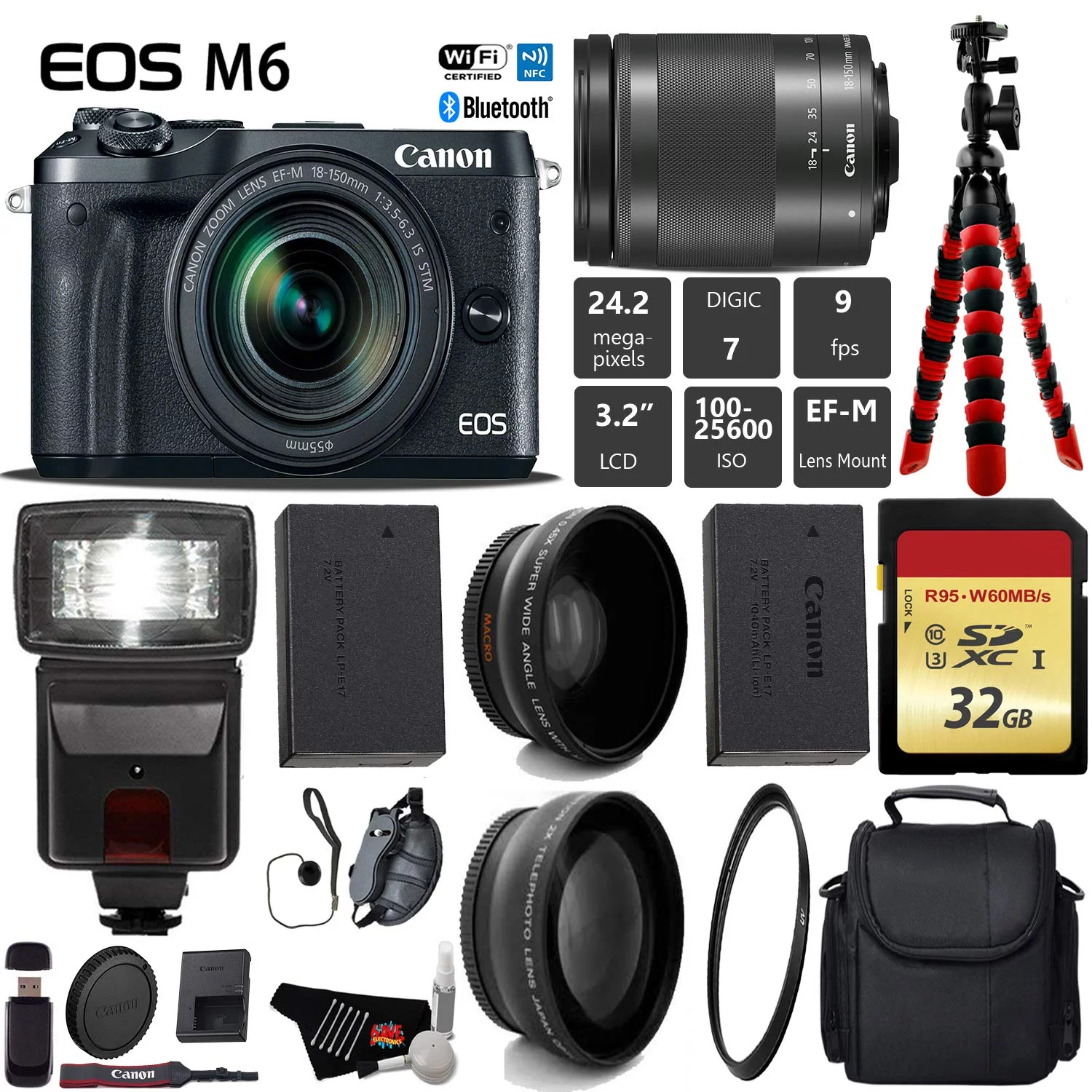 Canon EOS M6 Mirrorless Digital Camera with 18-150mm is STM Lens + Flash + UV FLD CPL Filter Kit + Wide Angle & Telephoto Lens + Camera Case + Tripod + Card Reader - Intl Model