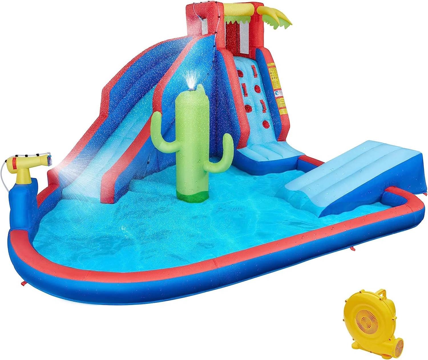 Inflatable Water Slide, Blow Up Water Slide Park Castle for Kids Aged 3-10 w/Splash Pool, Water Cannon, Ring Toss, Basketball, Surfboard and Climbing Wall, Water Slide with 520W Blower