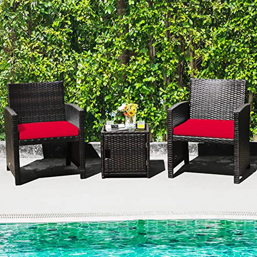 HAPPYGRILL 3 Piece Outdoor Bistro Set, PE Wicker Patio Conversation Set with Side Storage Table with Door, Soft Cushions and Protective Cover, Outdoor Sofa and Table Set