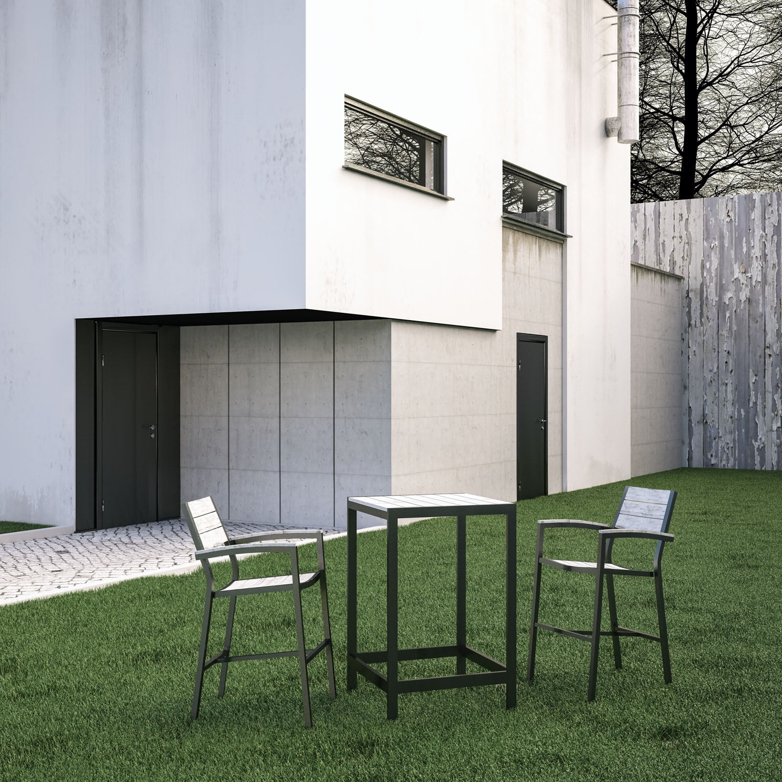 Side Dining Chair and Table Set, Dark Brown Gray, Metal, Outdoor Patio Balcony Cafe Bistro Garden Hospitality Restaurant, Modern Contemporary HB32692