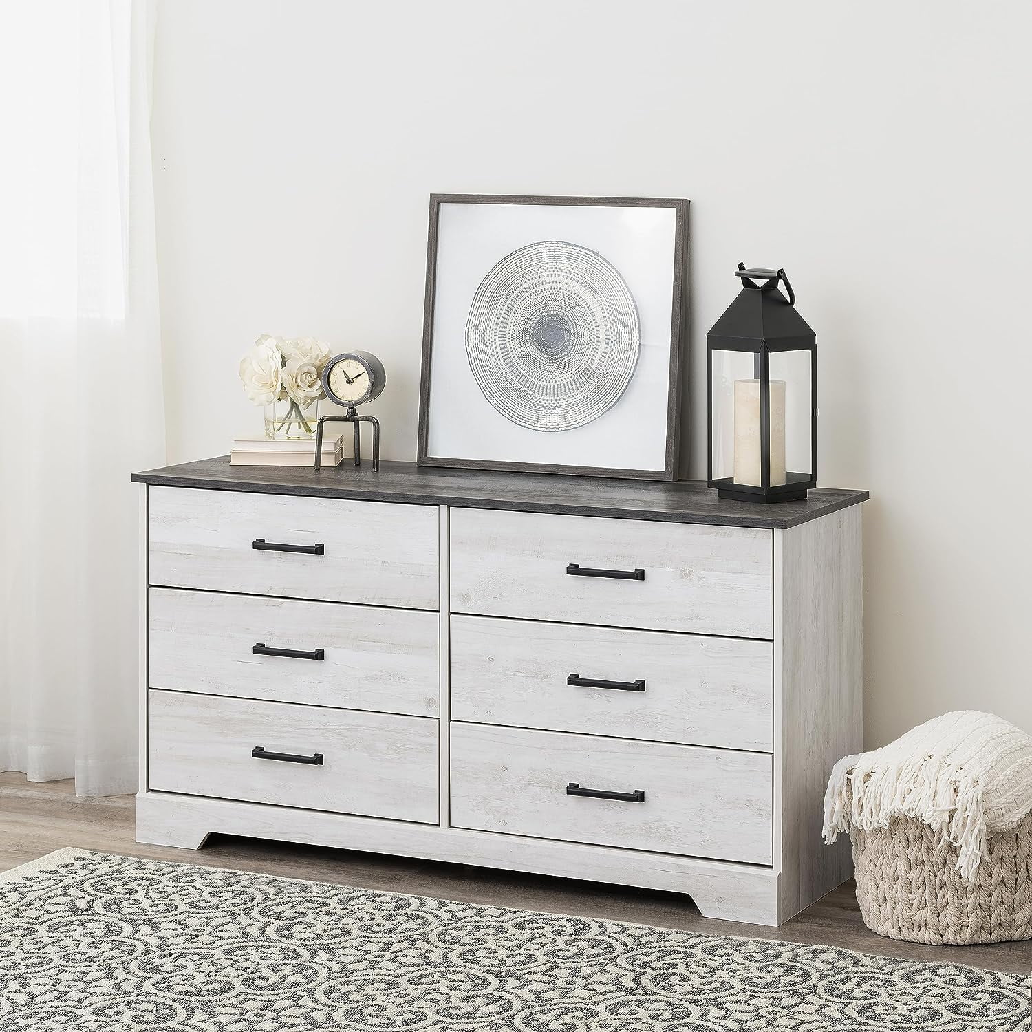 HYUN Rustic Ridge Farmhouse 6-Drawer Chest of Drawers for Bedroom & Rustic Ridge Farmhouse 3-Drawer Nightstand, Washed White, ADNR-1603-1