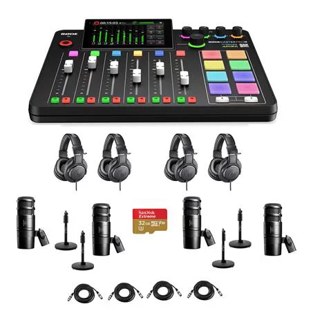 RODECaster Pro II Integrated Audio Production Studio Console Bundle with 4x AT2040 Mic, 4x ATH-M20x Headphones, 4x Mic Stand, 4x M to F XLR Cable, 32GB microSD Card