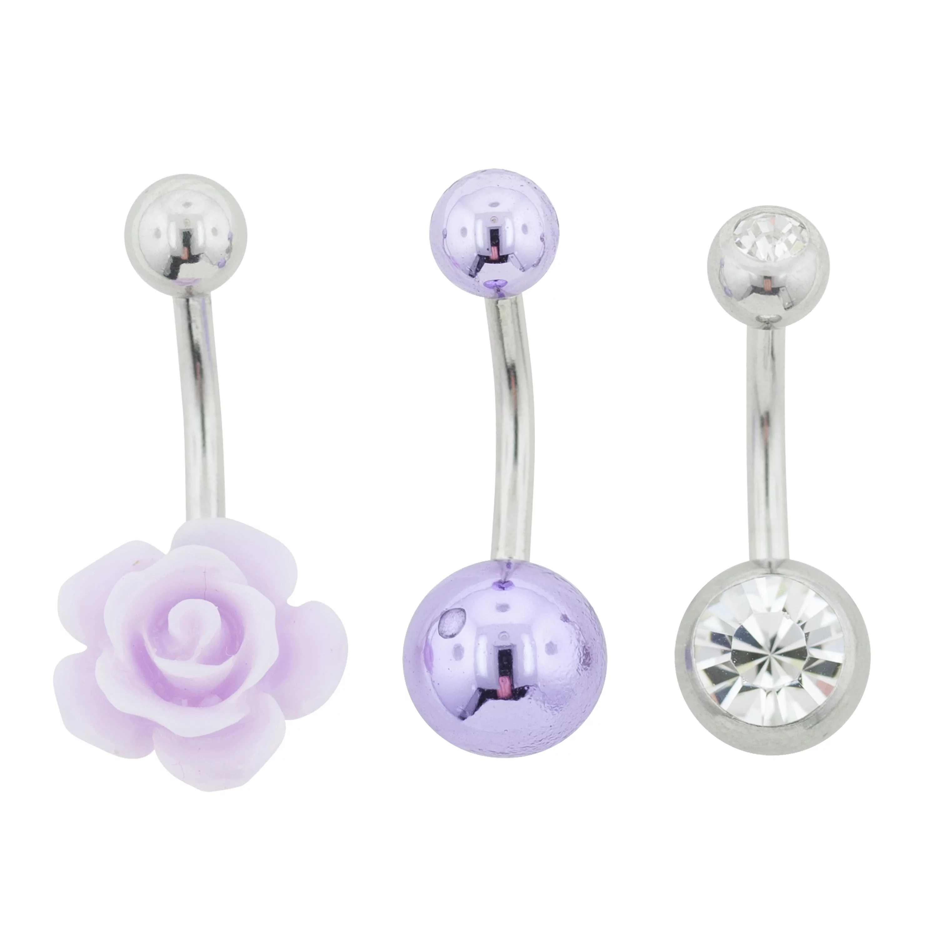 Women's Hot Silver Body Art Jewelry 14G Purple Rose Belly Barbell, 3Pack