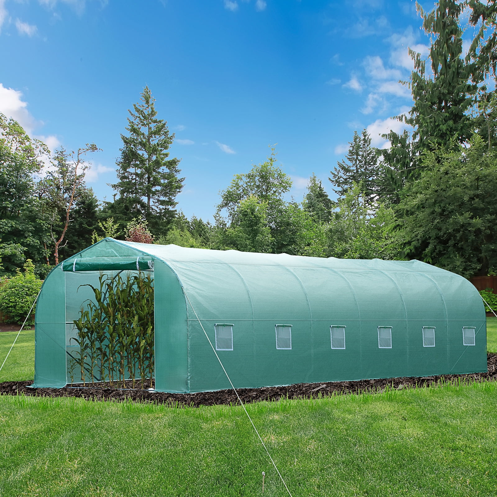 Outsunny 26' x 10' x 6.5' Large Outdoor Heavy Duty Walk-In Greenhouse with 12 Windows & Netted Ventilation Screens, Green