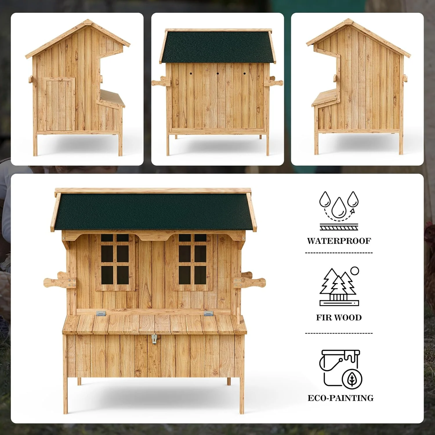 Oarlike Chicken Coop with Nesting Box Outdoor Wooden Hen House Rabbit Hutch Weatherproof Poultry Cage Duck House Removable Tray Wood
