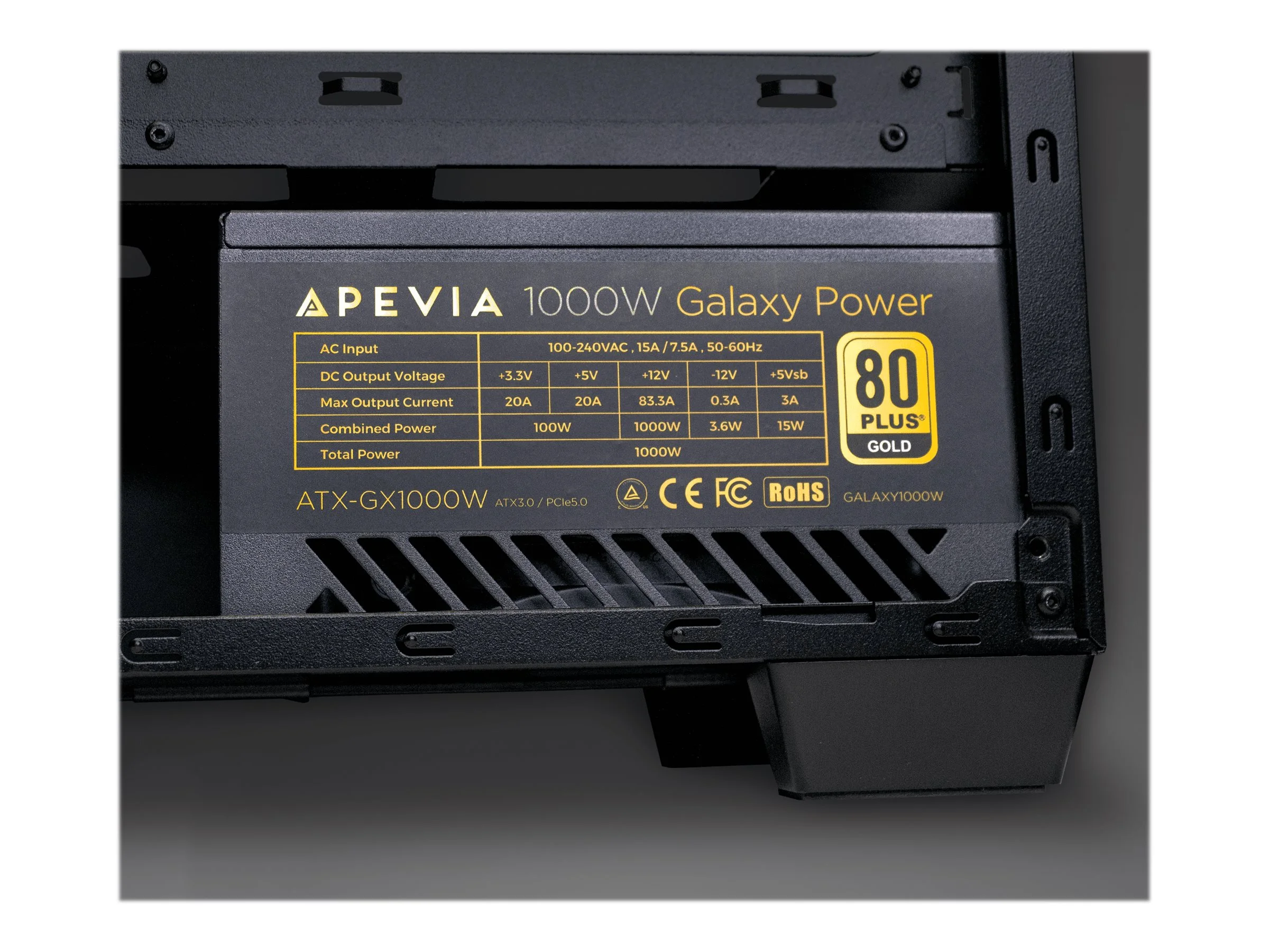Apevia Galaxy ATX-GX1000W PCIE5.0 - Power supply (internal) - ATX12V 2.3 - 80 PLUS Gold - AC 115-230 V - 1000 Watt - active PFC - black sand blasted