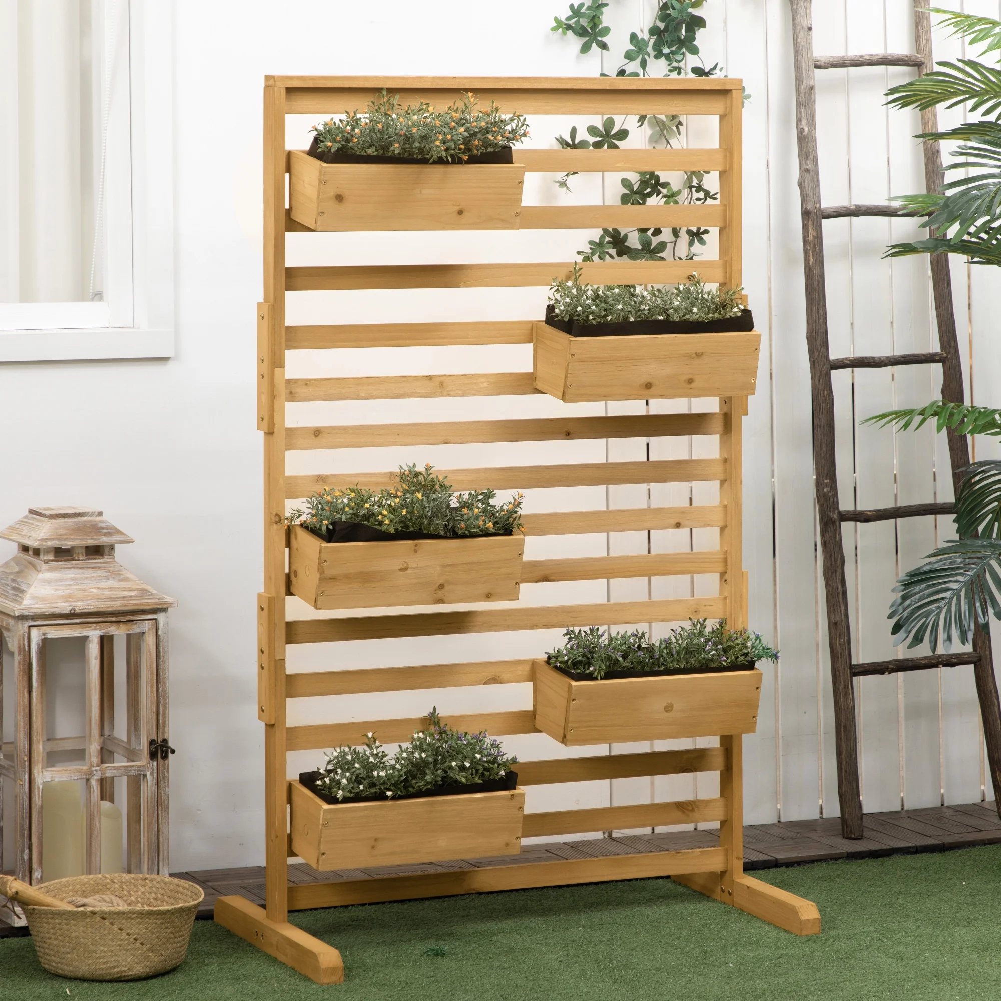 Outsunny Plant Stand with 5 Hanging Planter Boxes Slatted Trellis, Natural