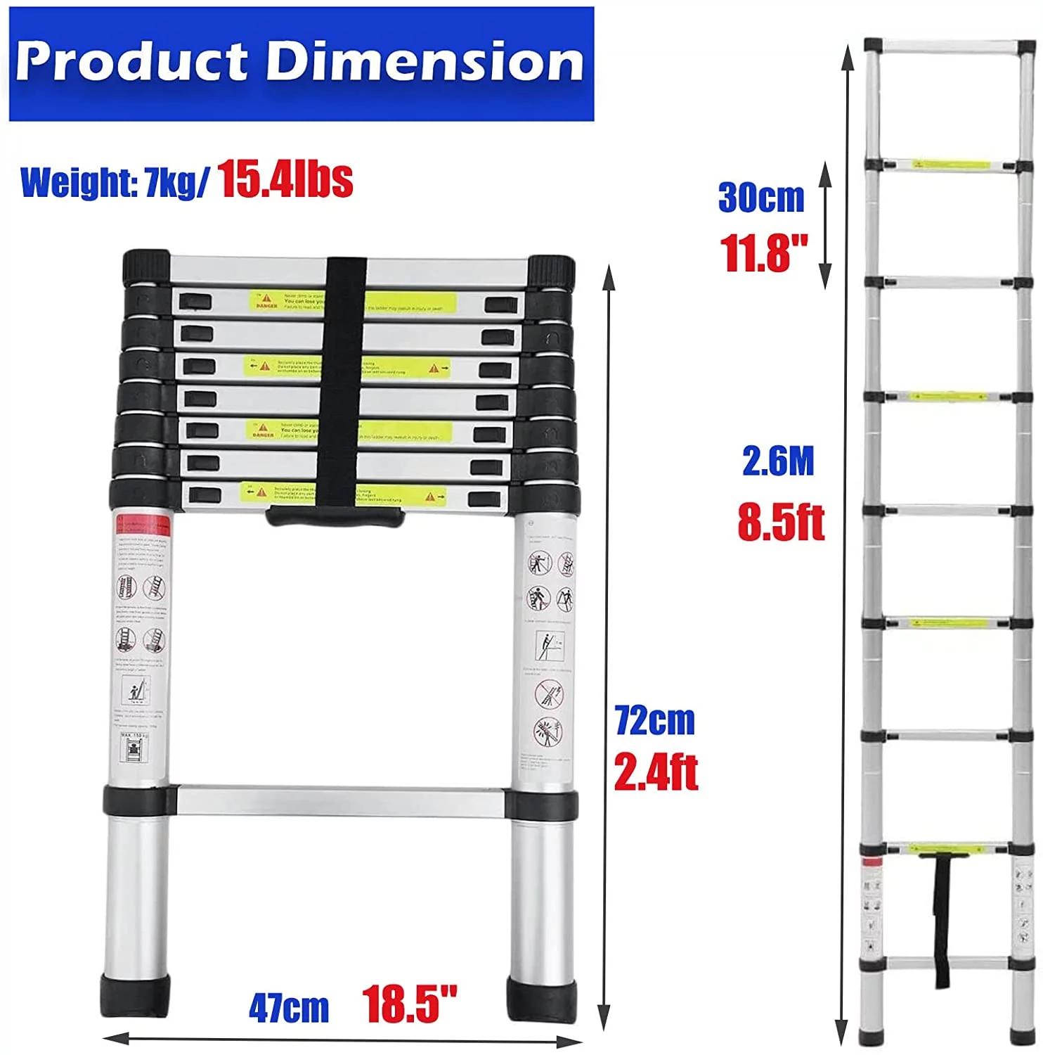 Telescoping Ladder 8.5ft Aluminum Folding Ladder 330lbs Max Load Lightweight Portable DIY Ladder for Home, Office, Folded Height 2.36ft Space Saving Multi-Purpose Straight Extension Ladder