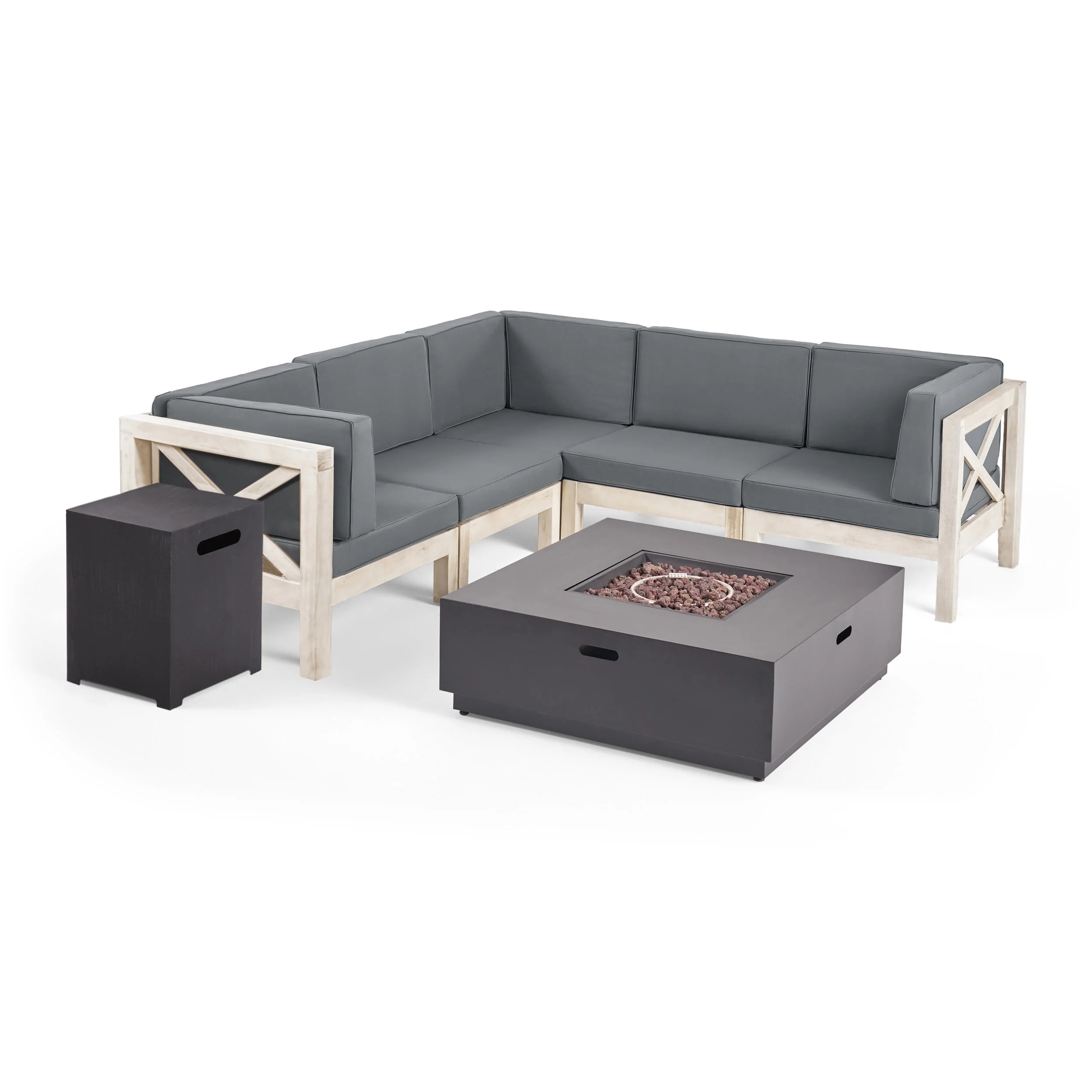 GDF Studio Marconi Outdoor Acacia Wood 5 Seater Sectional Sofa Set with Fire Pit, Weathered Gray and Dark Gray
