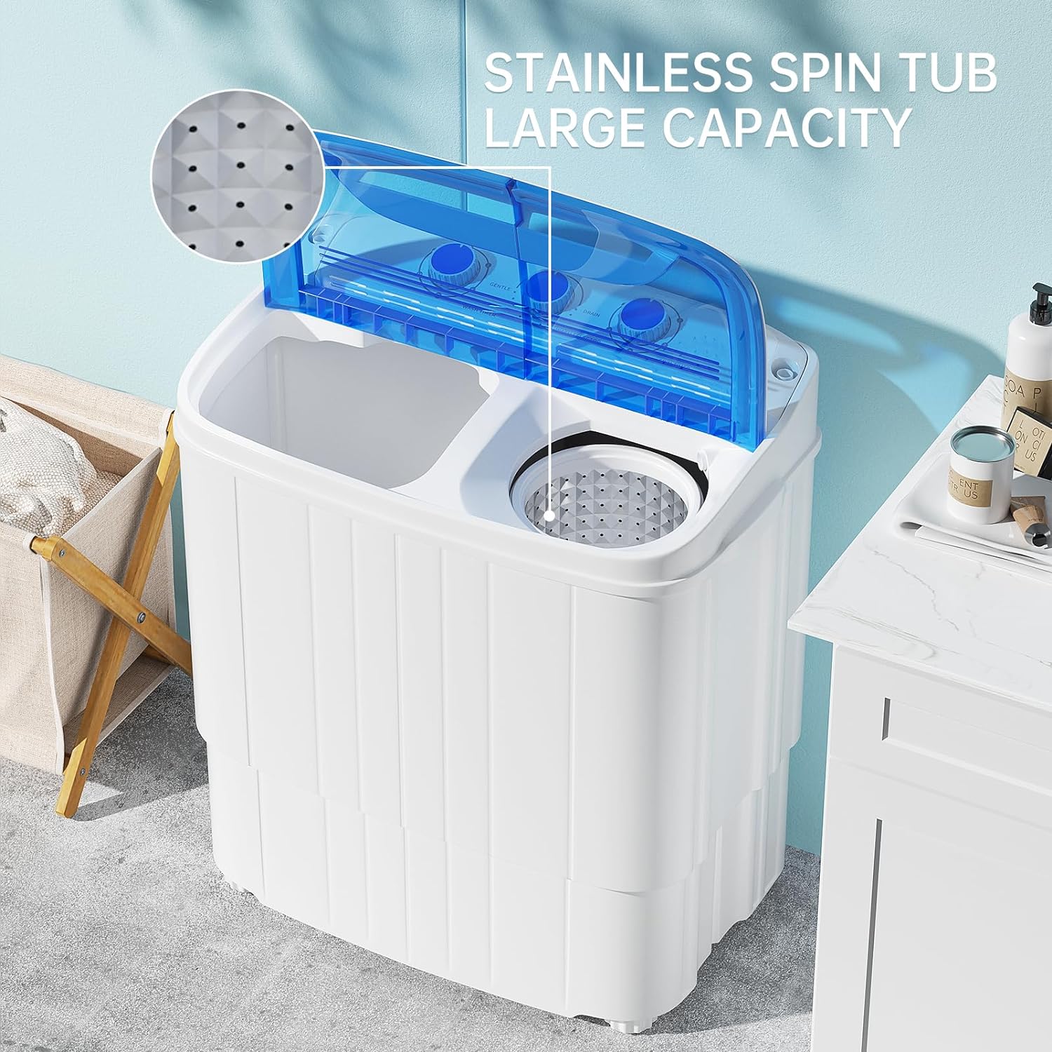 AUCHI Portable Washing Machine, 2 In 1 Small Washing Machine and Spin Dryer Combo, 14.5lbs Compact Mini Twin Tub Washing Machine for Camping, Apartments, Dorms, College Rooms, RV, Delicates, Blue