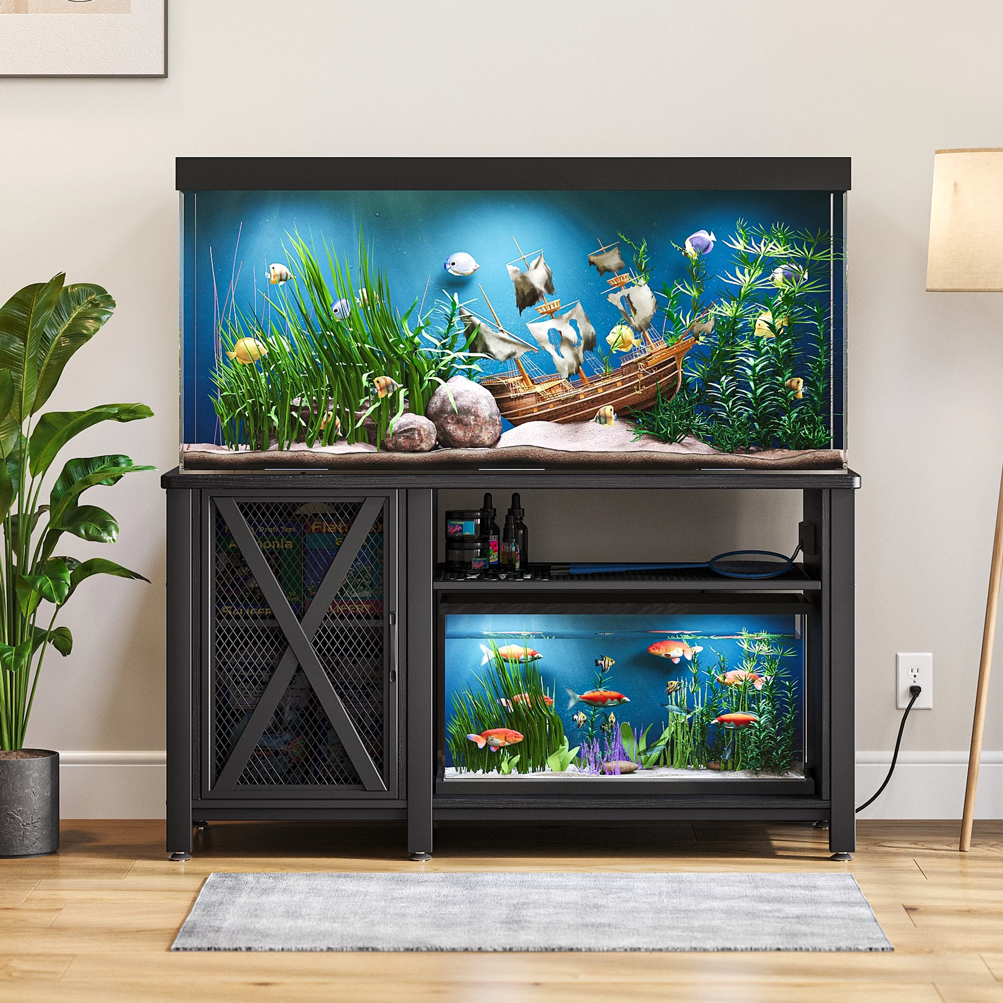 DWVO Metal Aquarium Stand with Power Outlets and Cabinet for Fish Tank Accessories Storage - Suitable for 55-75 Gallon Fish Tank Stand, Turtle Tank, Reptile Terrarium (865lbs Capacity) - Black