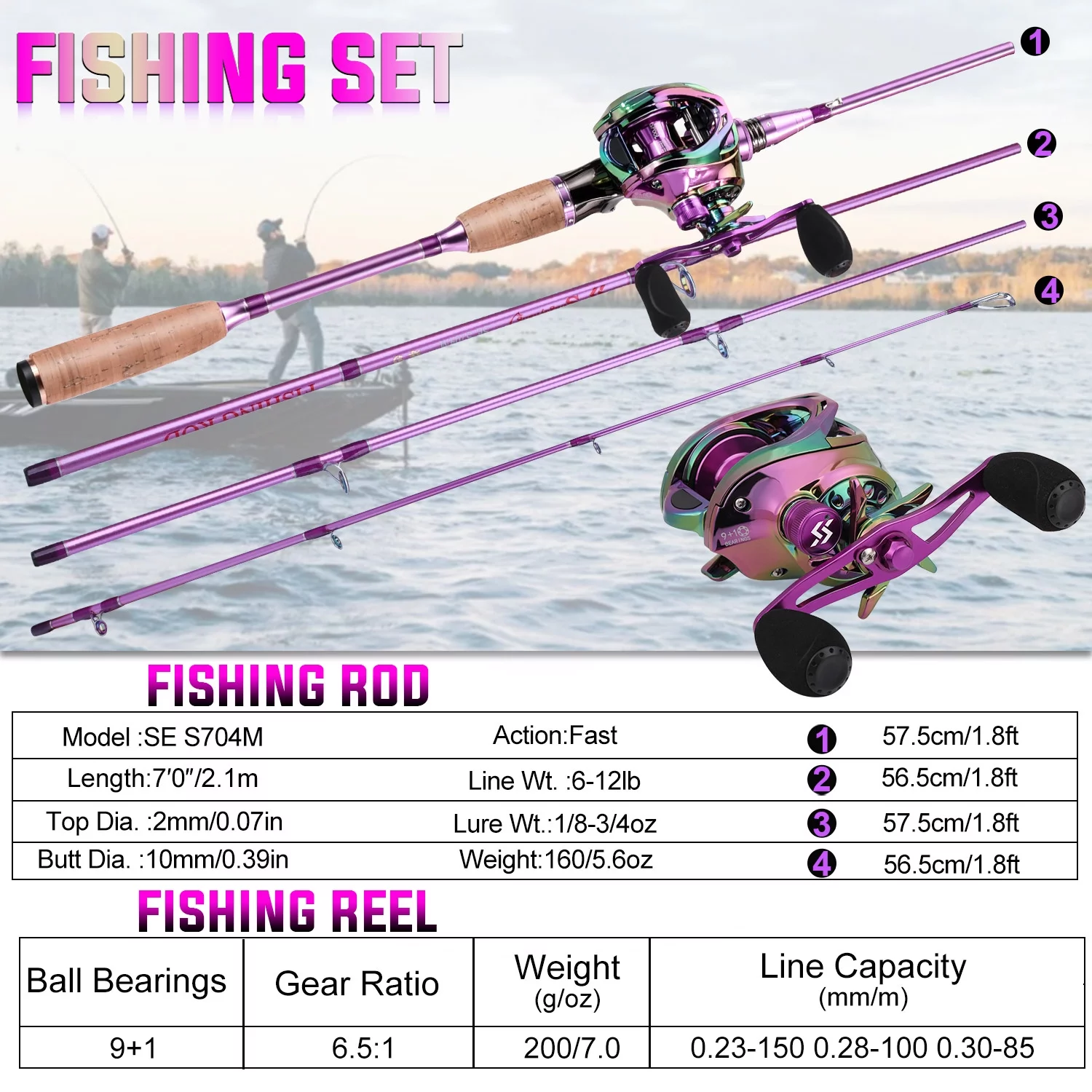 Sougayilang Spinning/Casting Fishing Rod and Reel Combo Carbon Fiber Protable 4 Piece Fishing Pole Set