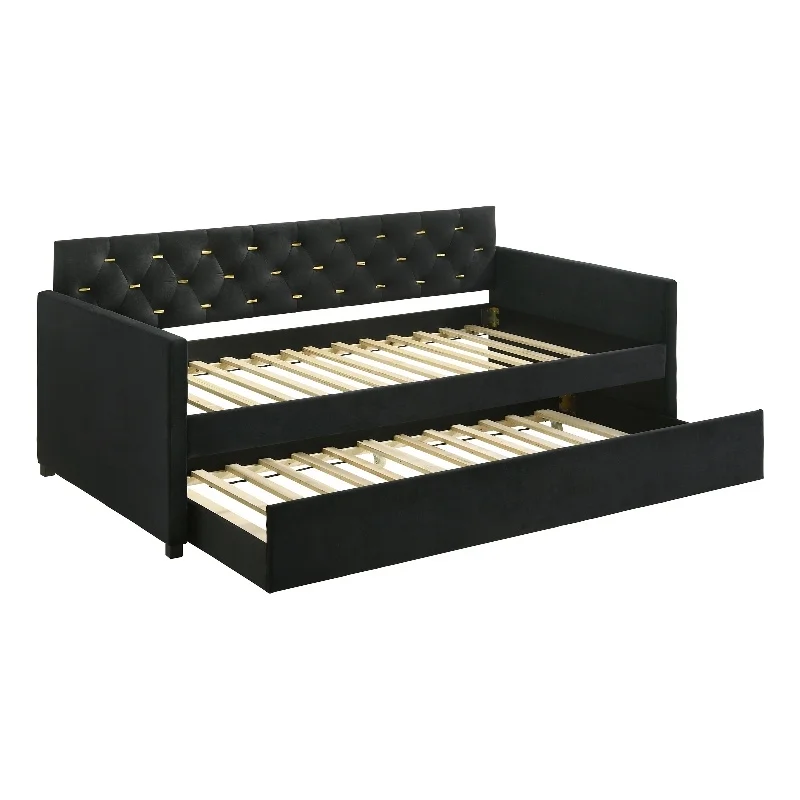 Pemberly Row Velvet Upholstered Tufted Twin Daybed with Trundle Black