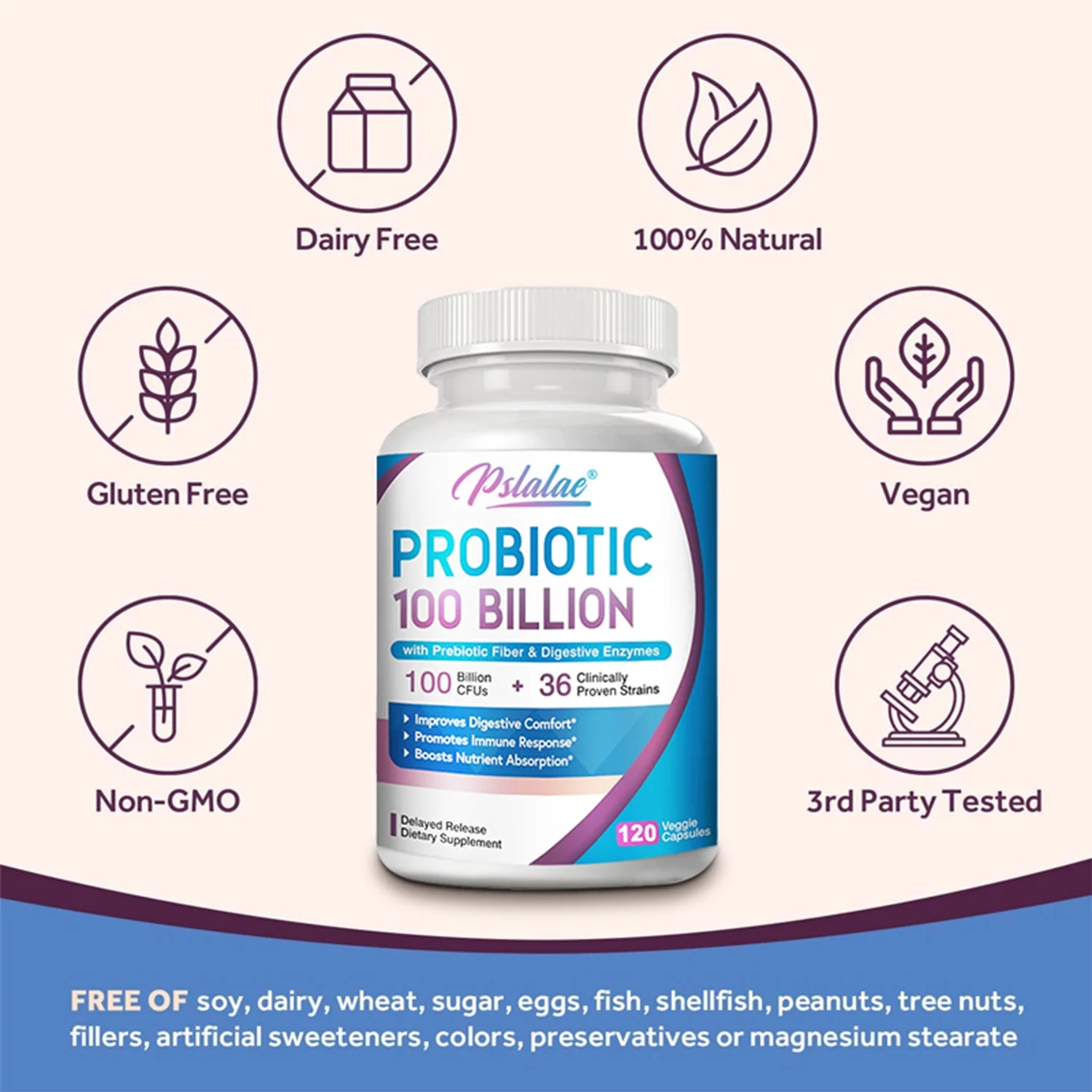 Pslalae Probiotic 100 Billion - Gut Health, Relieve Gas and Bloating - with Prebiotic (30/60/120pcs)