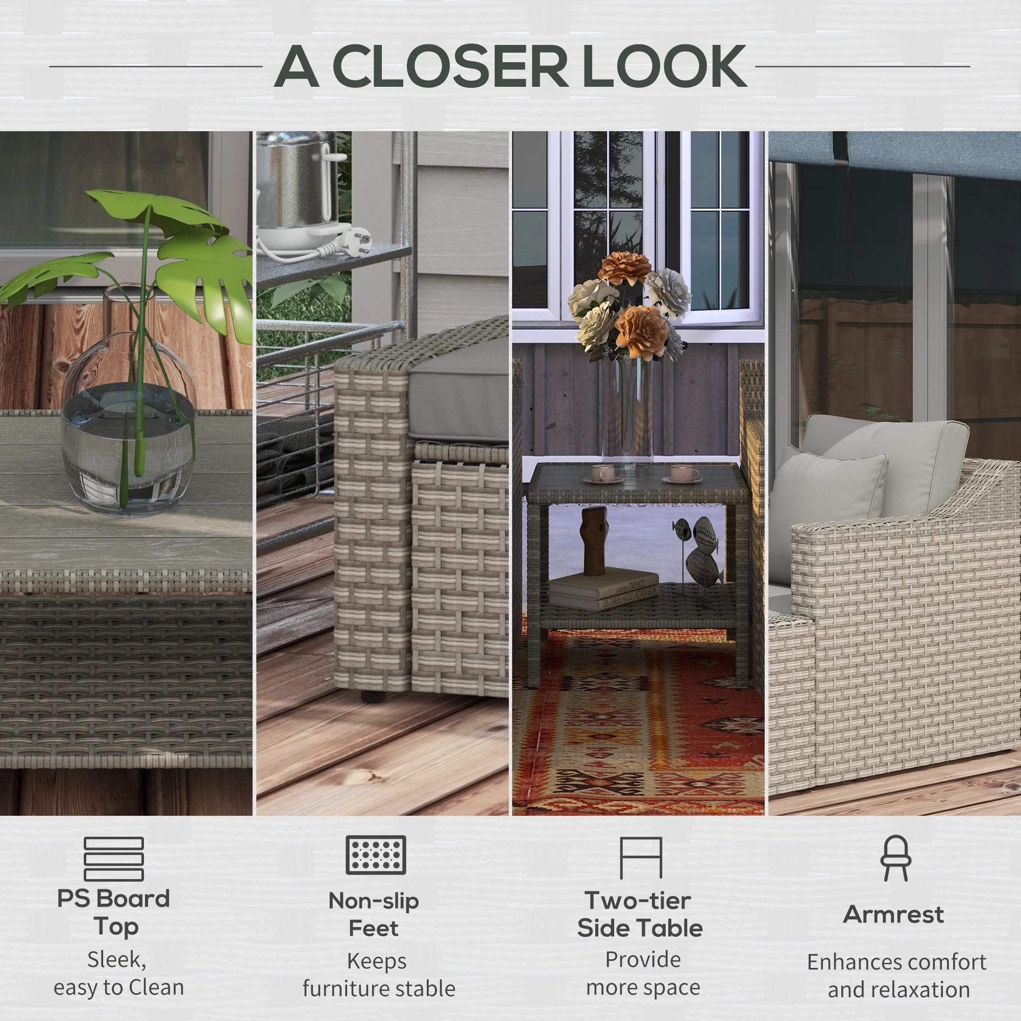 Outsunny 5 Piece Patio Furniture Set, Chairs, Ottoman, Coffee Table, Gray