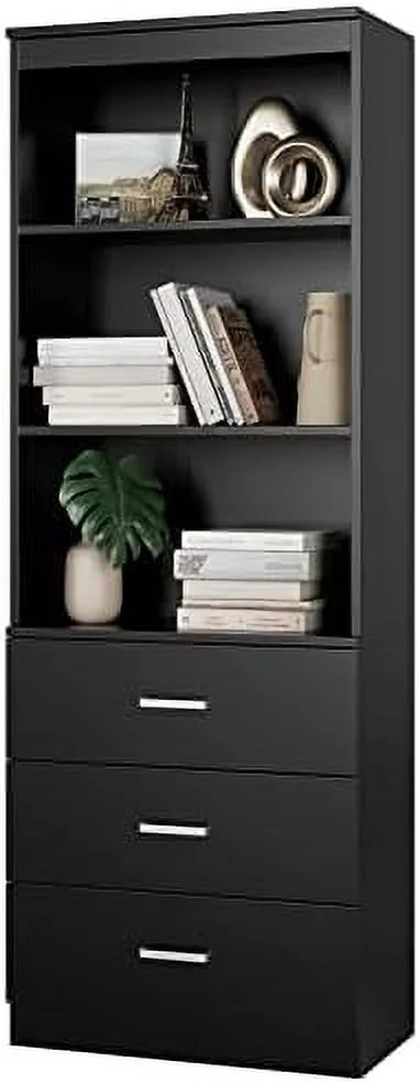 HYHBIBOOM 71 Inches Tall  Cabinet  Bookcase with 3 Drawers and 3-Tier Open Shelves  Wooden Bookshelf  Organizer for Living Room  Study  Kitchen  Home Office  White