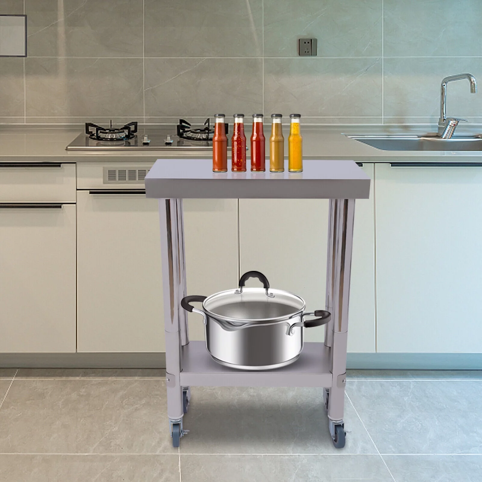 Miumaeov 2 Tier Commercial  Food Prep Table Heavy Duty Stainless Steel Work Table with Open Shelf and Wheels for Restaurant Hotel Load-Bearing 661lbs 23.62*17.72*33.46in