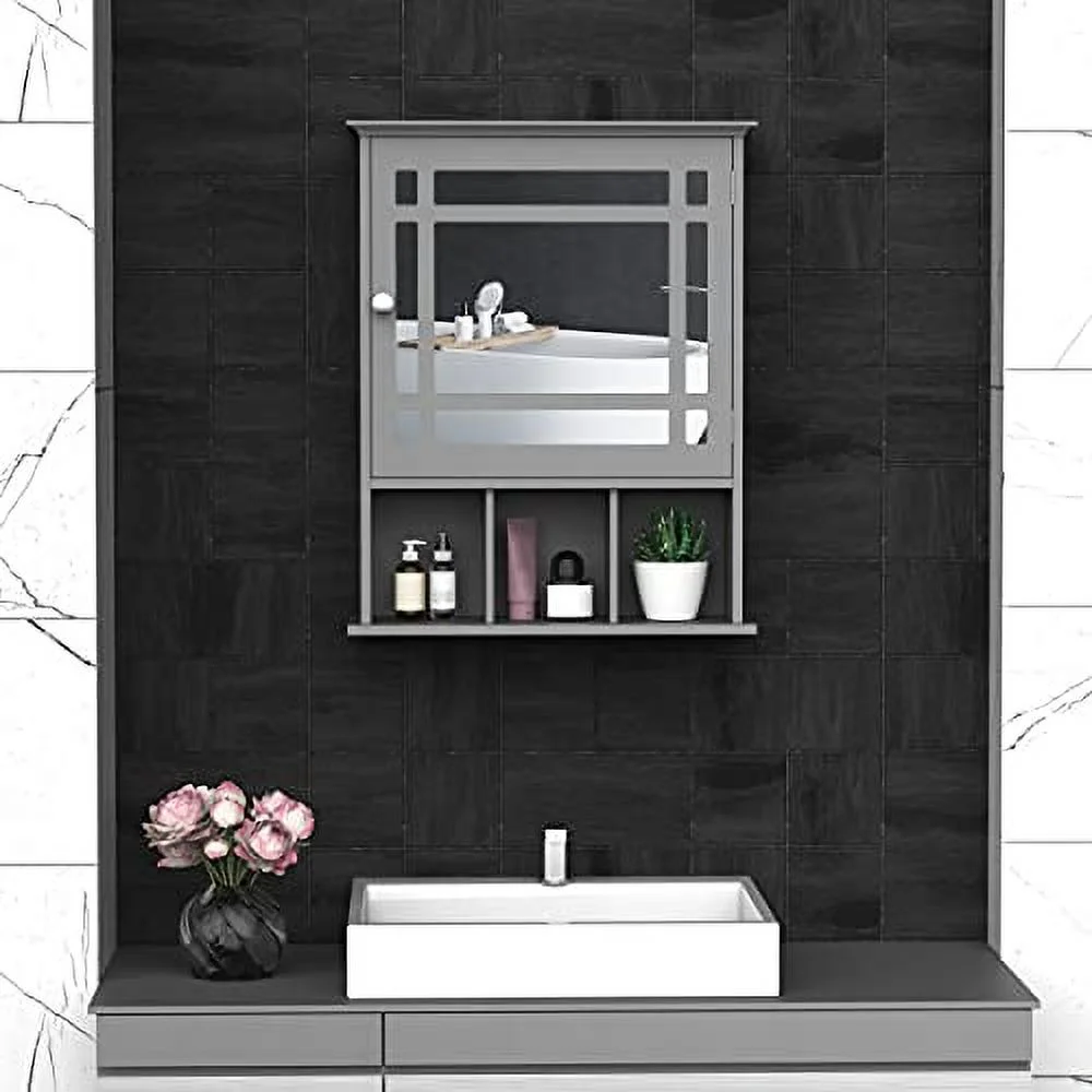kleankin Bathroom Medicine Cabinet with Mirror, Wall Mounted Mirror Cabinet with Door and Storage Shelves, Gray