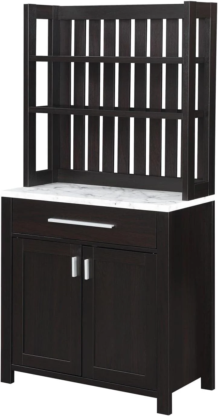Sawyer 1 Drawer Wine Bar With Storage Cabinet And Shelves, White Faux Marble/Espresso