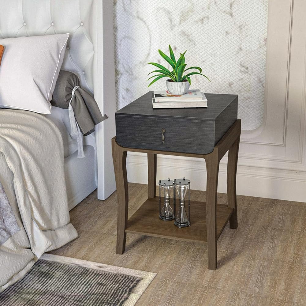 JDZHAPPYLIFE 2 Tier Rustic Nightstand  MDF  Square   with  Drawer  Vintage End  Suitable  Room  Bedroom  Walnut Leg  Black Silver Top