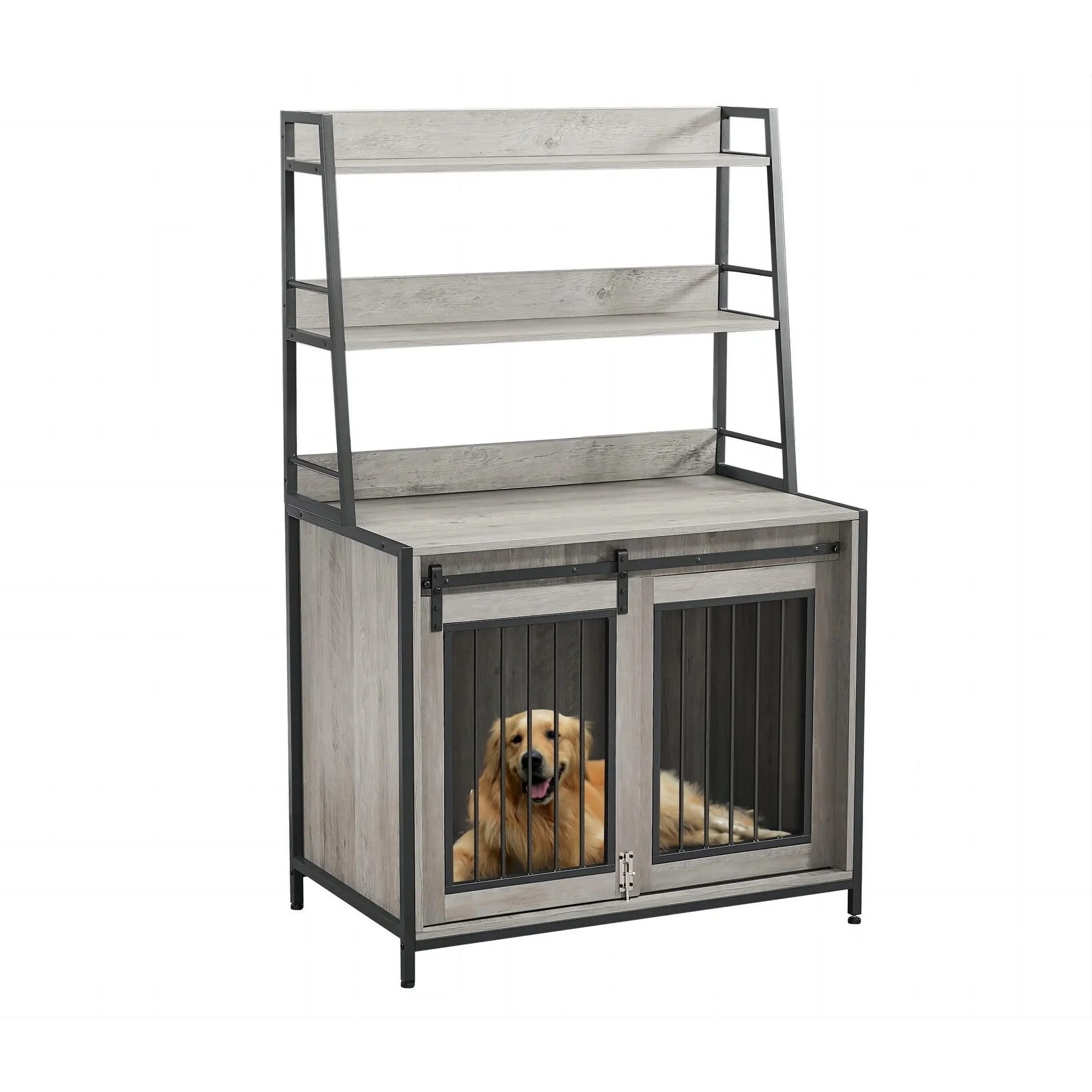 37'' Dog Crate Furniture with Shelves for Small to Medium Pets Rustic Brown