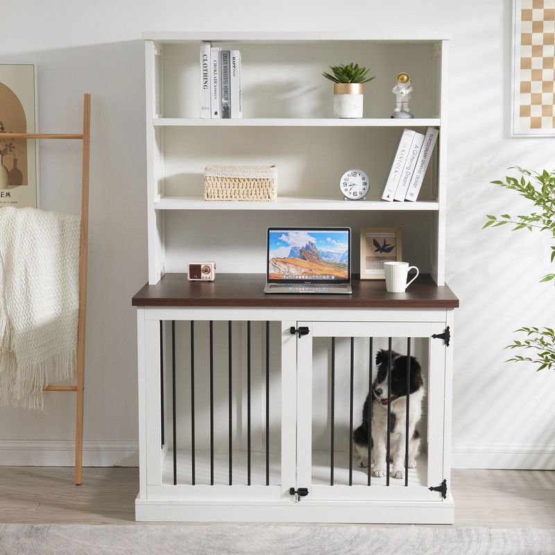 Large Dog Crate Furniture, 43.3” Indoor Dog Kennel Furniture Style House with 3-Layer Storage Shelves, Wooden Decorative Pet House End Side Table, White