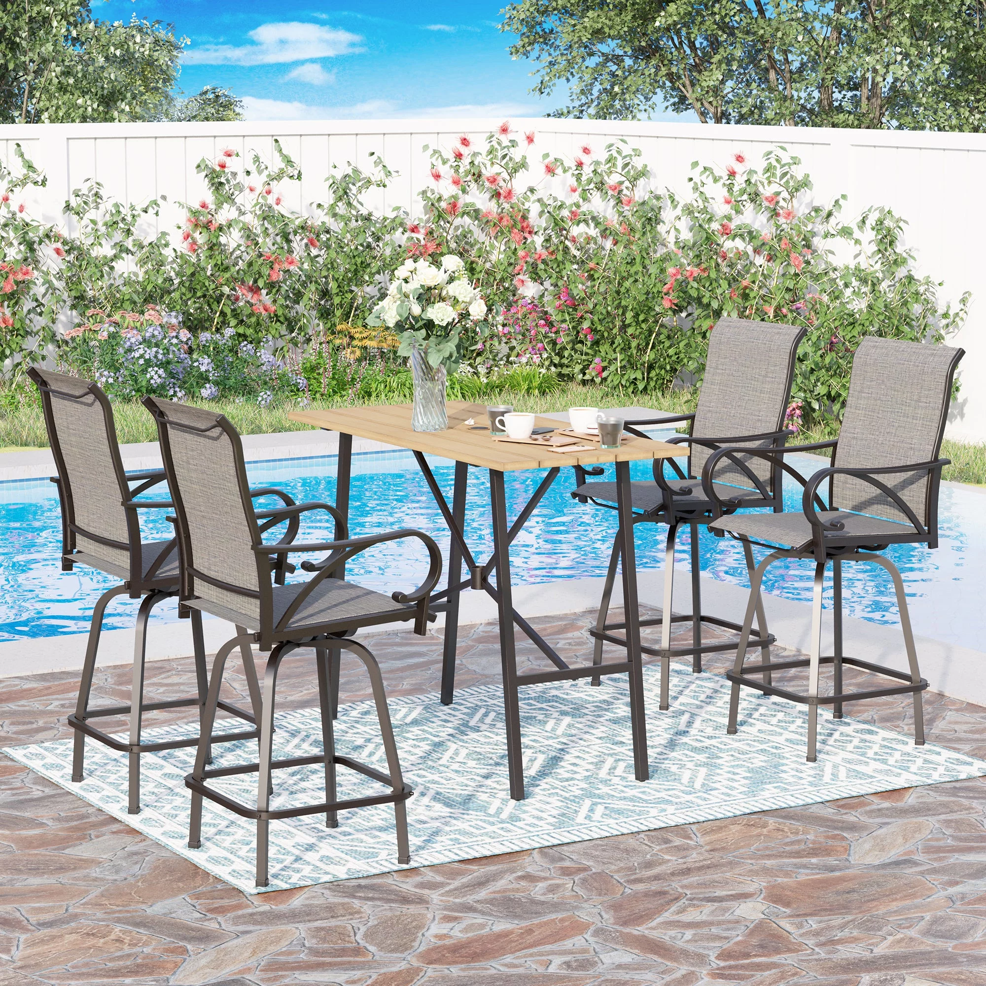Summit Living 5 Piece Outdoor Bar stool Set,4 Counter Height Chairs with Armrests&1 rectangular bar table with Umbrella Hole,Black and Grey