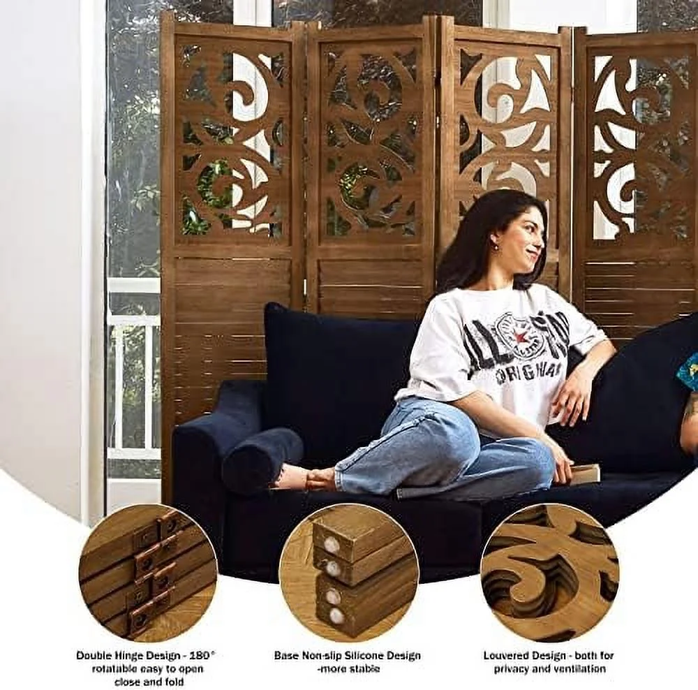 SQFGHB Room Divider Wood Carved Wall Divider Indoor Folding Portable Partition Screen for Home Office Garden Terrace - 4 Panel  67 * 60inch (White)