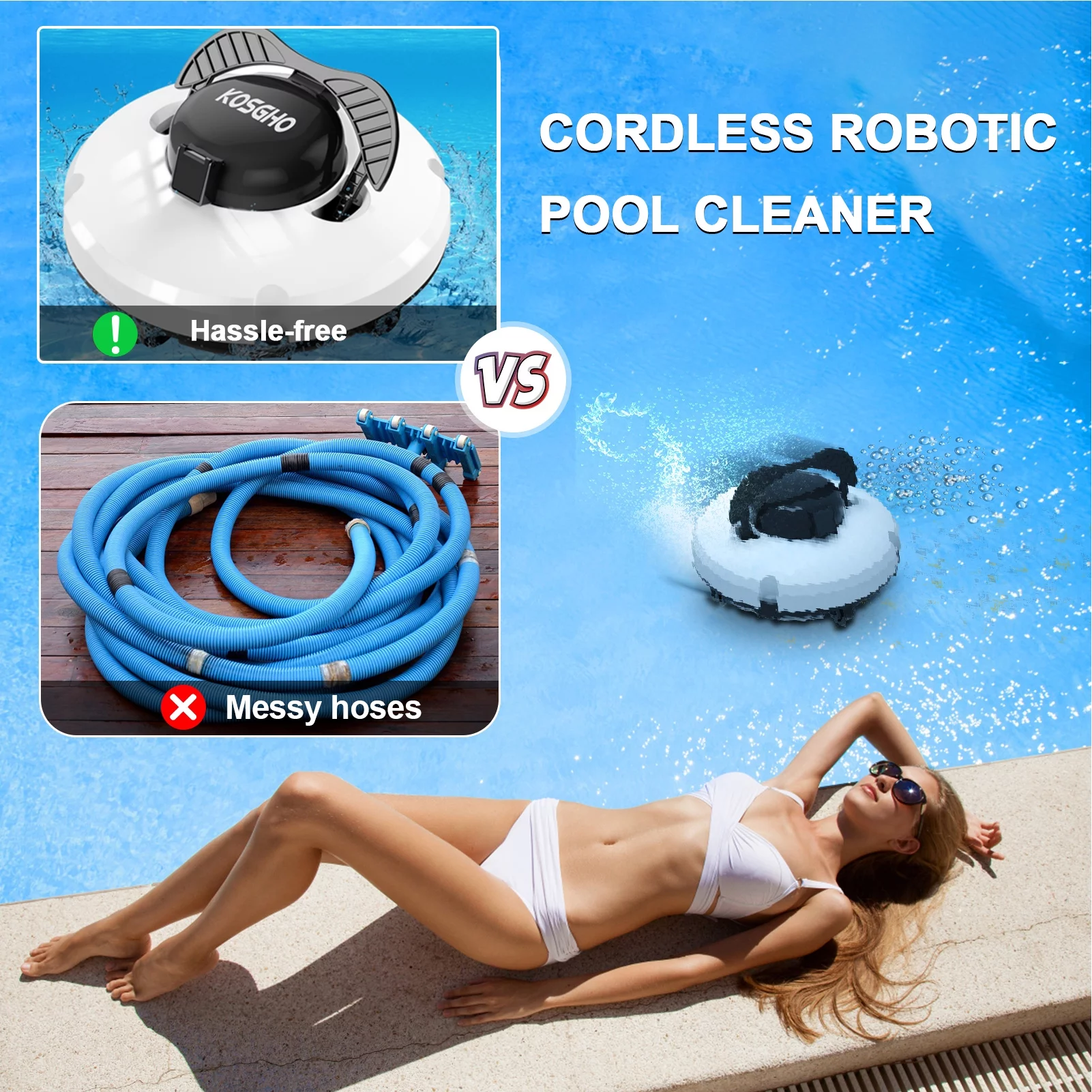 KOSGHO Cordless Robotic Pool Cleaner Pool Vacuum with Dual Motors Self Parking for Flat Ground Pools