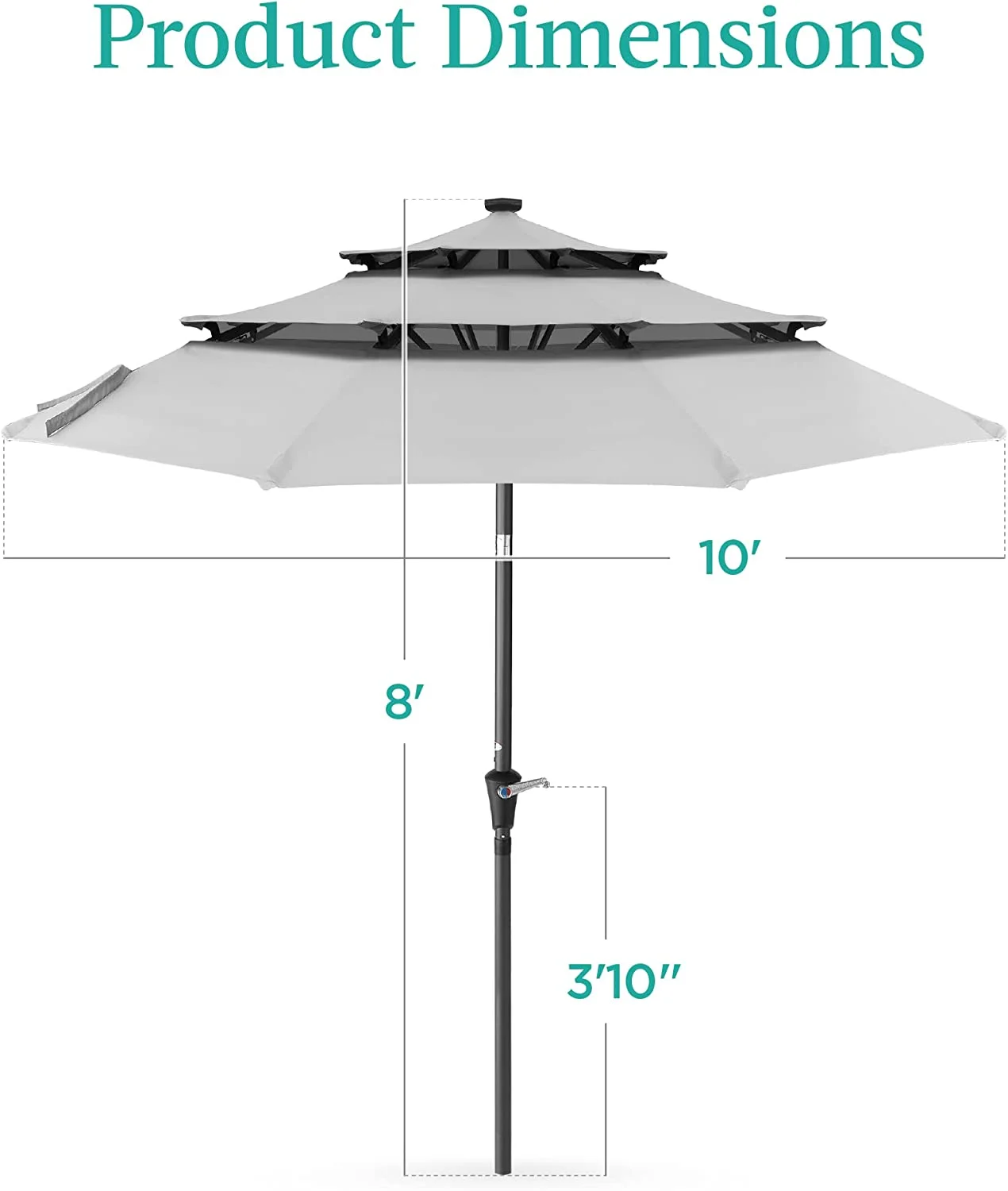 10ft 3-Tier Solar Patio Umbrella - LED Lights, Tilt Adjustment, 8 Ribs, Fog Gray