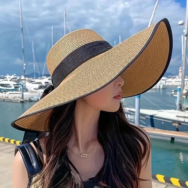 Jkzcp  1pc Women‘s Extra Large Brim Summer Hat  Foldable Anti-UV Protection Beach Hat With Ribbon Bow  Versatile Straw Sun Hat For Travel & Seaside