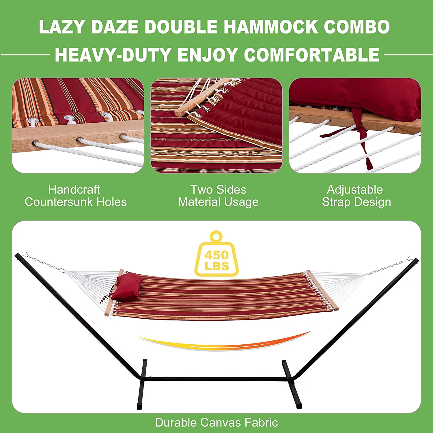 Lazy Daze Hammocks 12 Feet Steel Hammock Stand with Quilted Fabric Hammock Combo and Pillow, Red&Brown Stripe