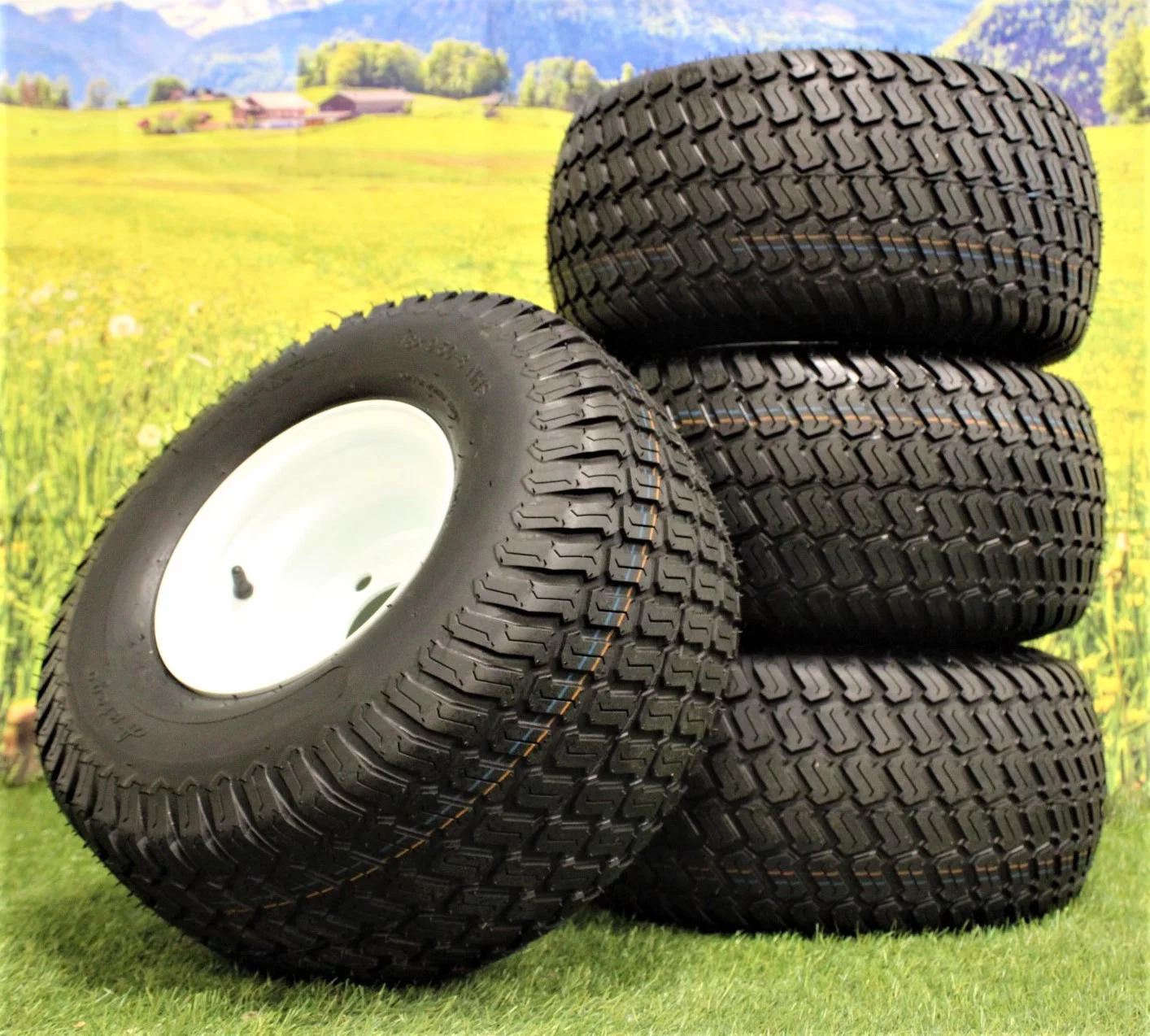 Antego Tire and Wheel (Set of 4) White Steel Wheels with 18x9.50-8 4 Ply Turf Tires for Golf Cart and Lawn and Garden Equipment