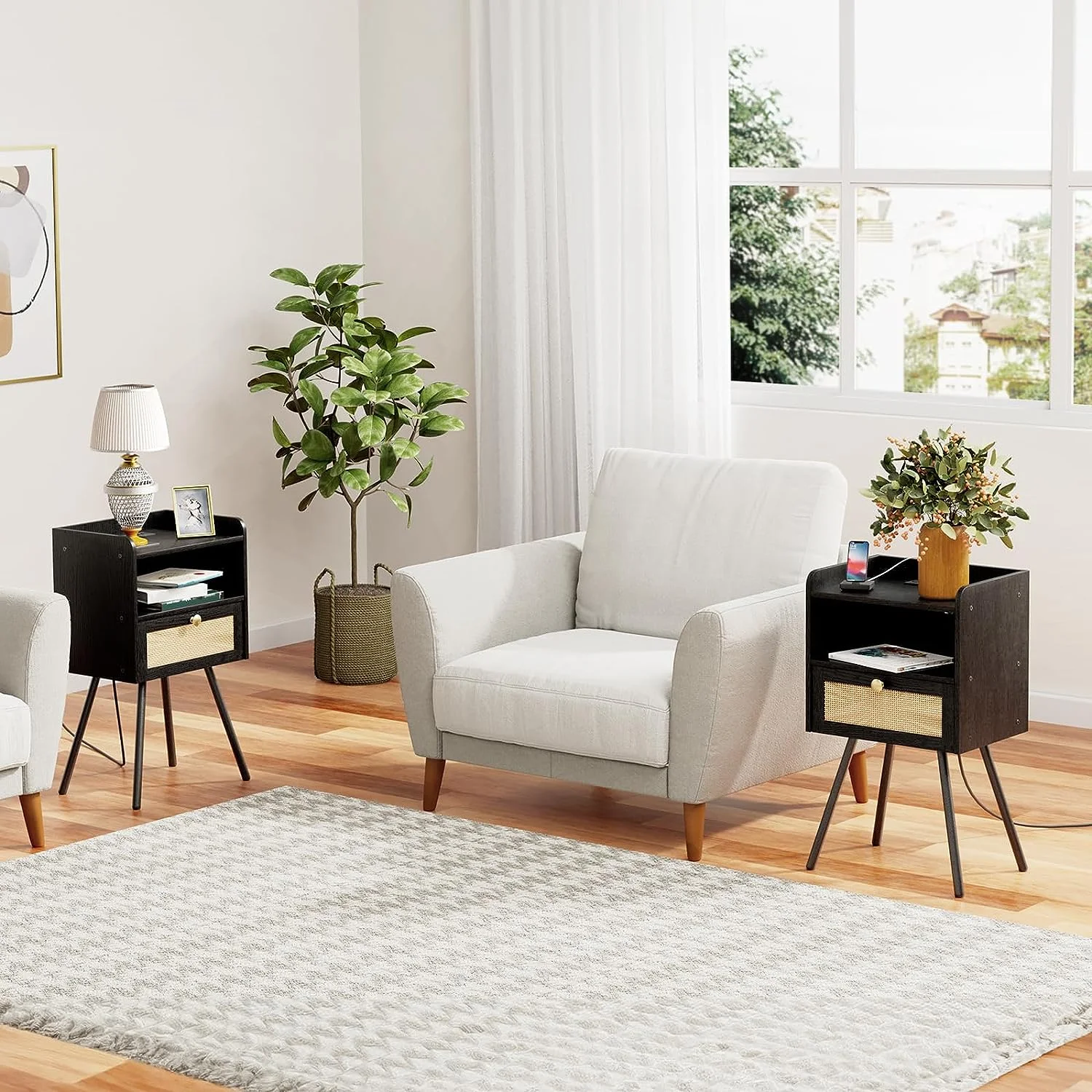 HOOBRO Set of 2 Nightstand Modern End Table Flip-Down Drawer Rattan Bedroom Office Study Room Black BB92UBZP201