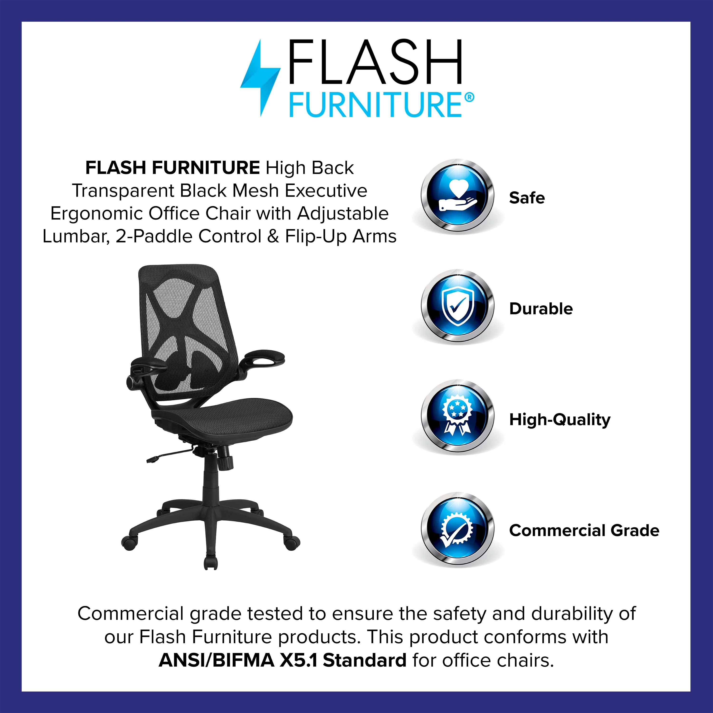 Flash Furniture High Back Transparent Black Mesh Executive Ergonomic Office Chair with Adjustable Lumbar, 2-Paddle Control & Flip-Up Arms