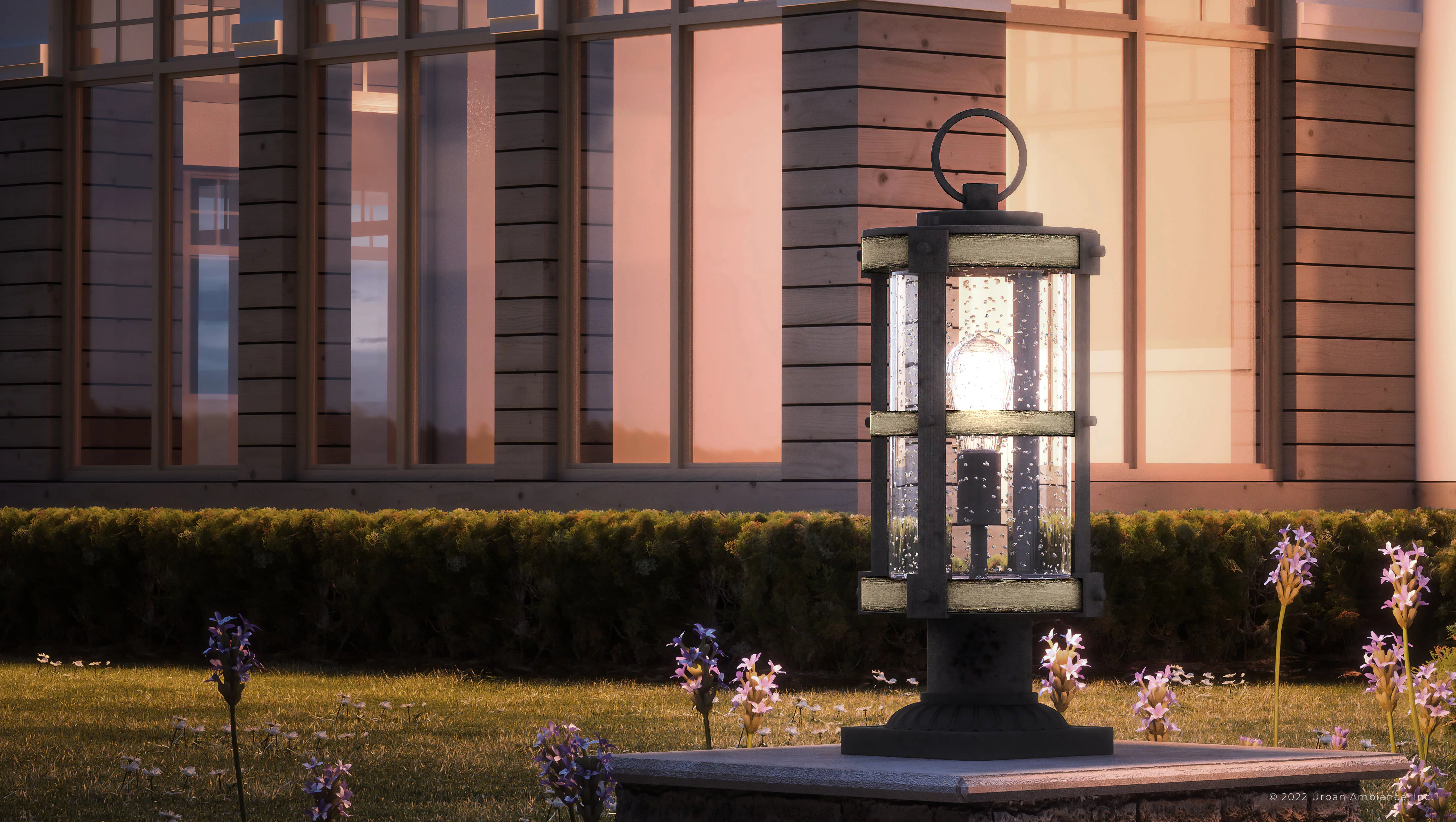 Luxury Farmhouse Outdoor Post Light, 19''H x 8''W, with Western Style Elements, Old World Design, Olde Iron Finish and Seedy Glass, UEX1104