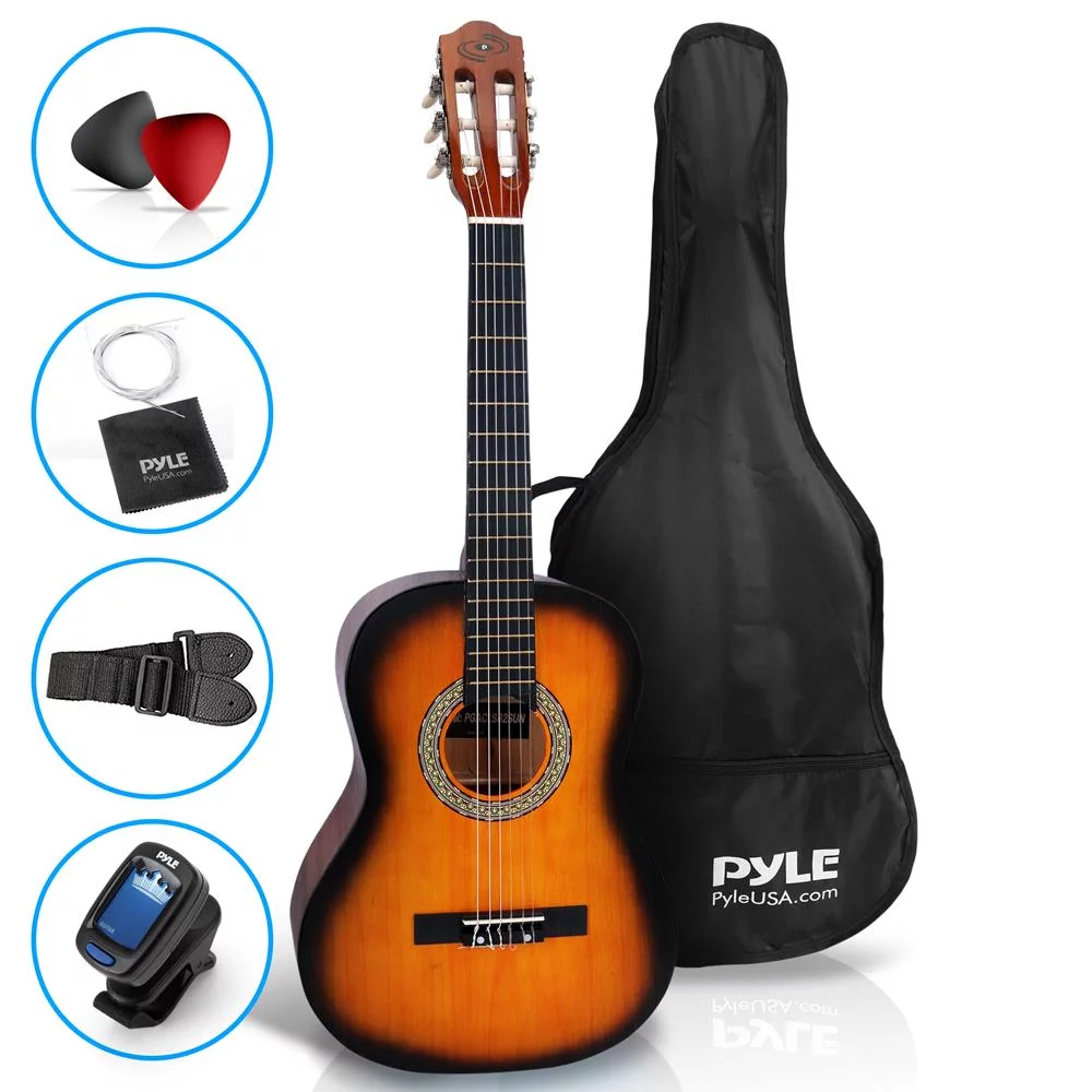 Pyle Acoustic Guitar Kit, 3/4 Junior Size Instrument for Beginner Kids, Adults, 36” Sun Burst Matte