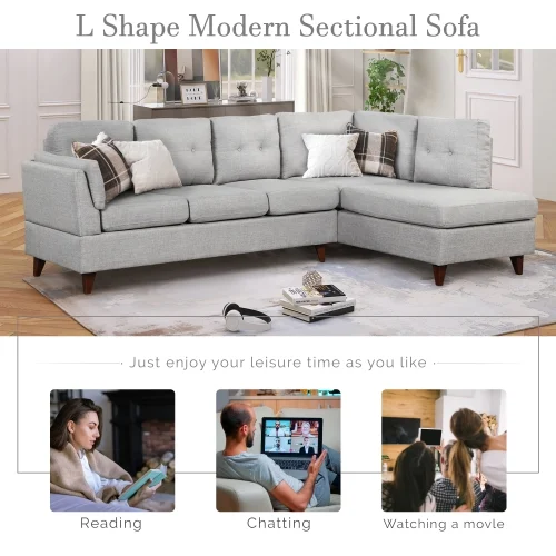 DremFaryoyo 97.2” Modern Linen Fabric Sofa  L-Shape Couch with Chaise Lounge Sectional Sofa with one Lumbar Pad Gray