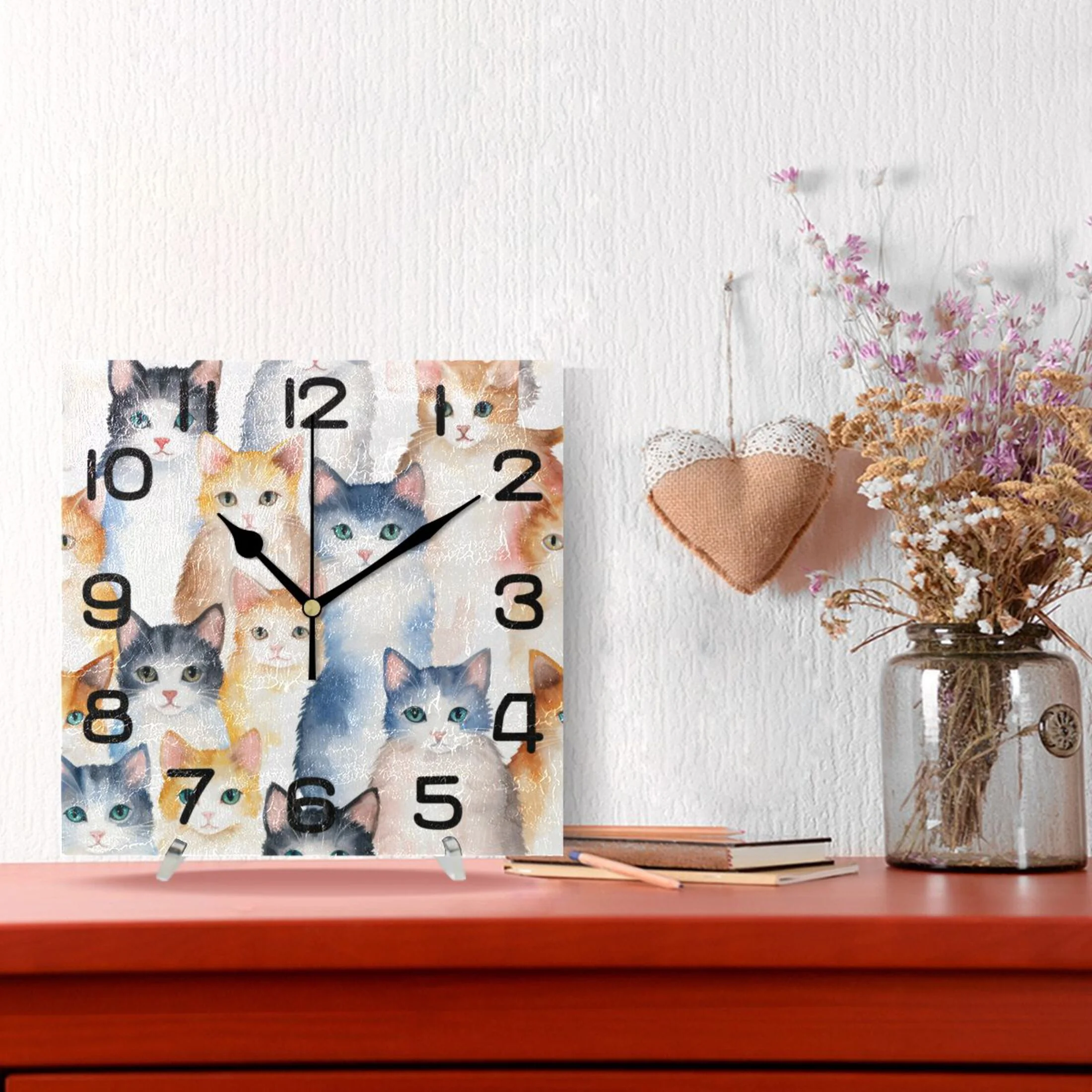 Cats Wall Clock Square Silent Non-Ticking Battery Operated Retro 7.78